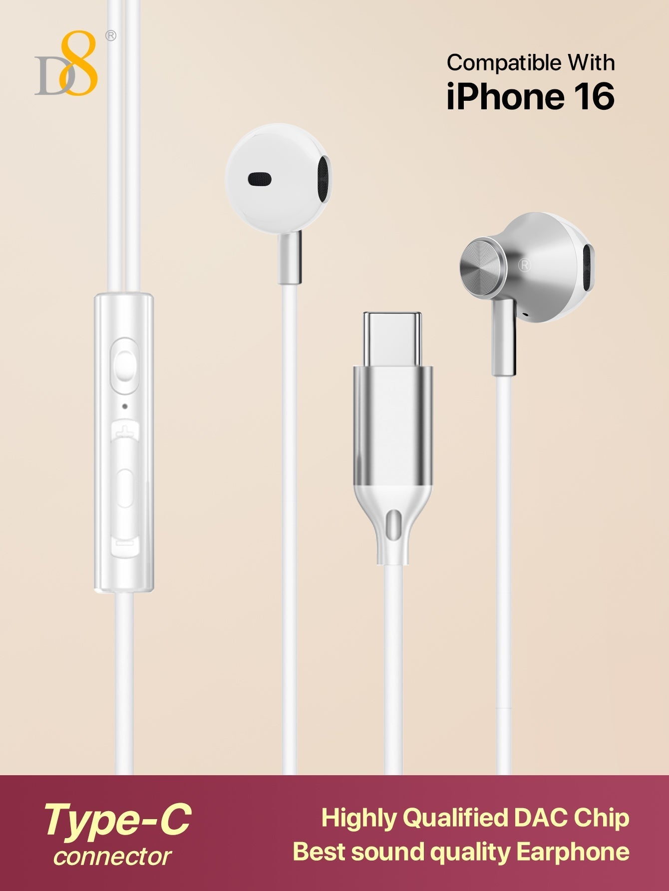 D8 USB-C Earbuds, In-Ear Headphones with Mic & Volume for iPhone/Galaxy/iPad