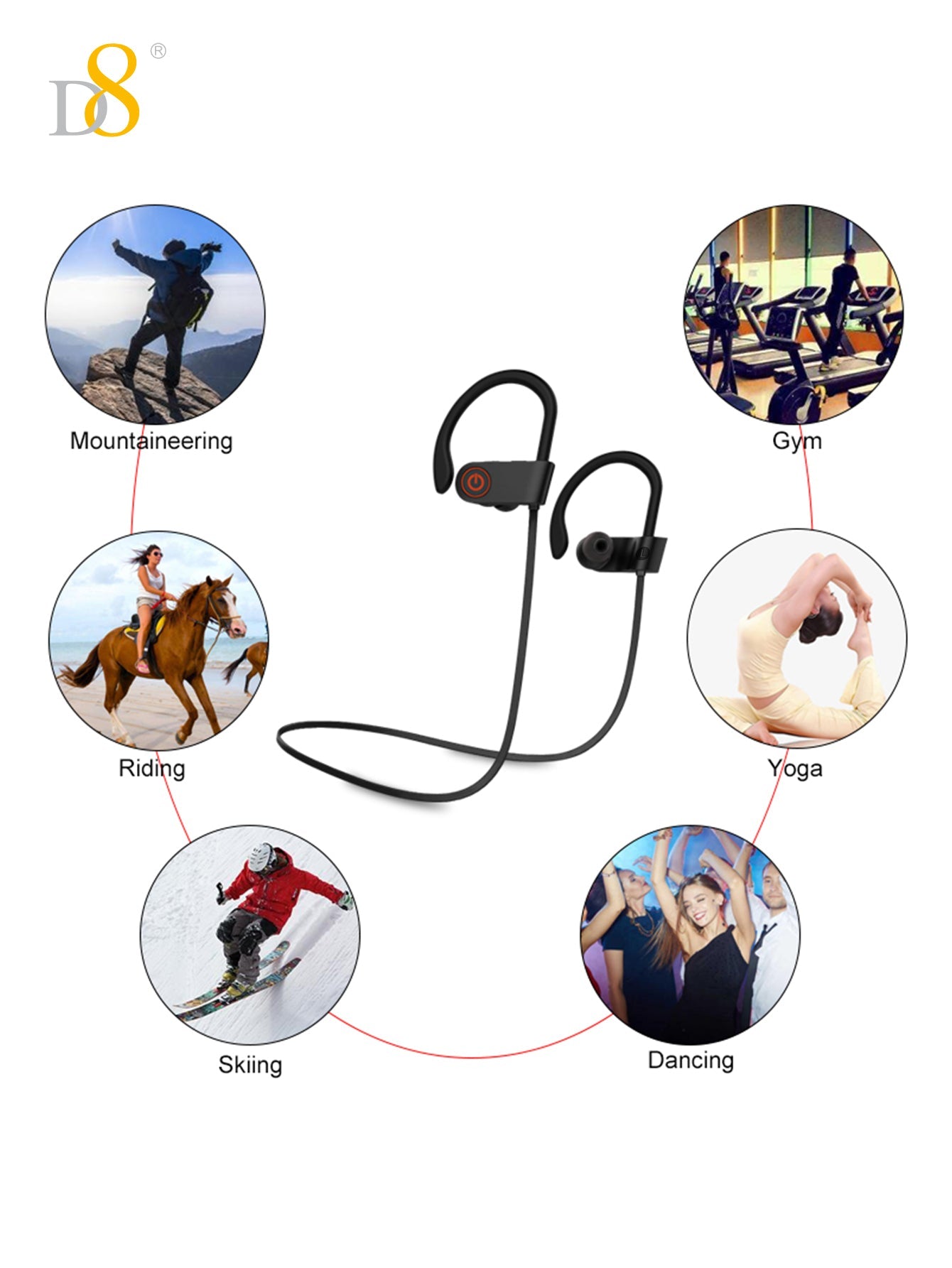 D8 Wireless Sports Earbuds, BT5.3, 10H Playtime, Deep Bass for Workouts