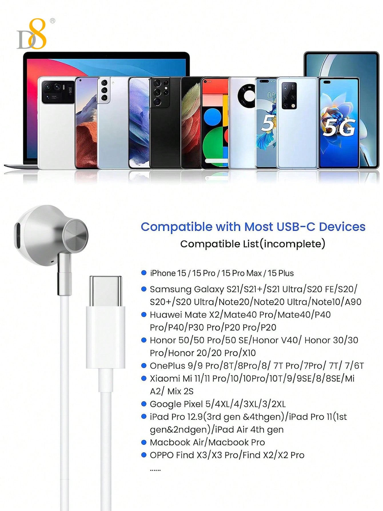 D8 Type C Headphones with Mic & Volume Control - In-Ear Earphones for iPhone 16, iPad Pro, Galaxy & More