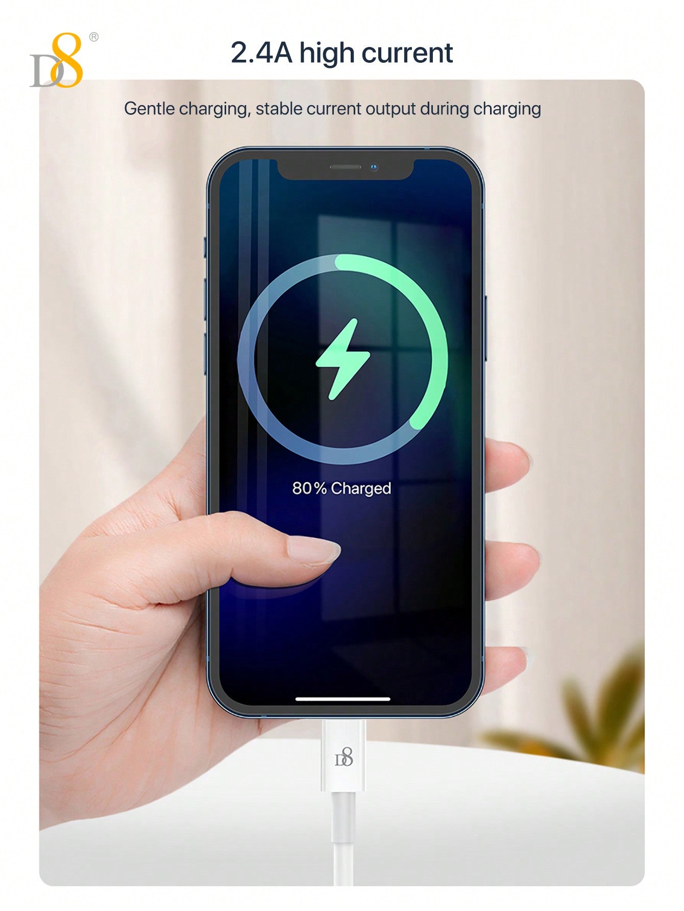 D8 USB A to Lightning Cable 2.4A Fast Charging (MFi Certified, 2-Pack)