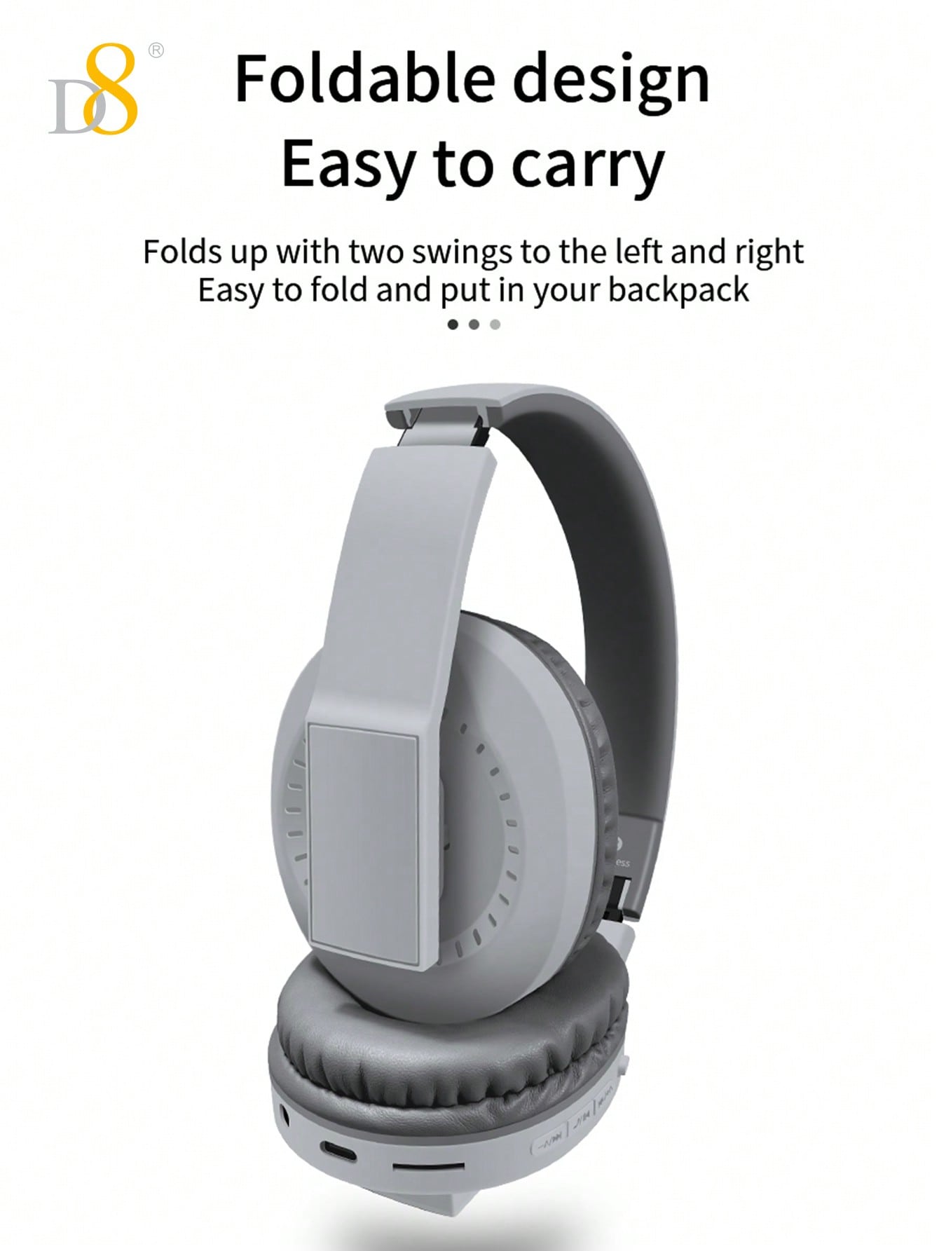 D8 Foldable Over-Ear Headphones, Wireless/Wired, Mic, Deep Bass, 10H Playtime