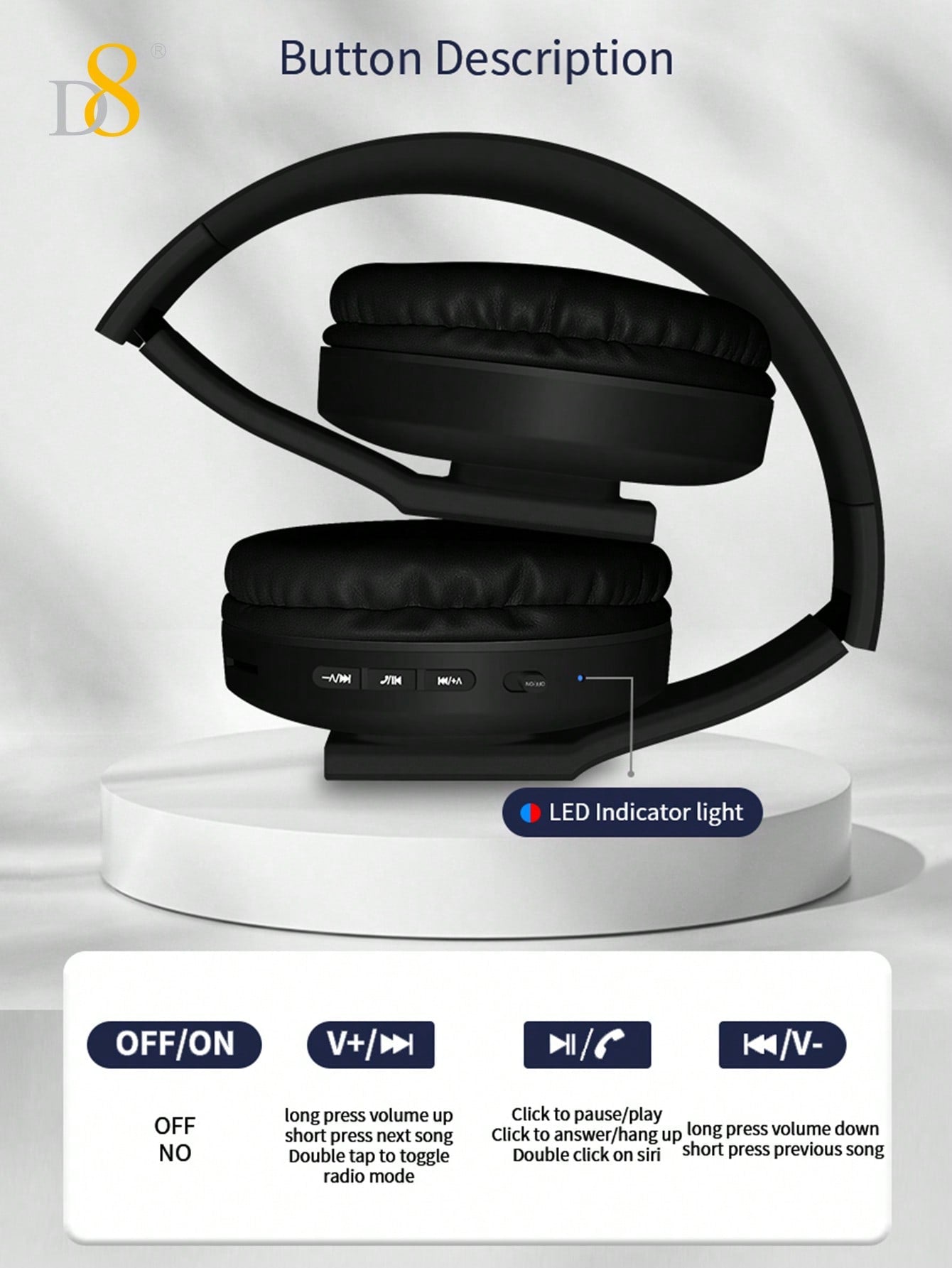 D8 Foldable Over-Ear Headphones, Wireless/Wired, Mic, Deep Bass, 10H Playtime