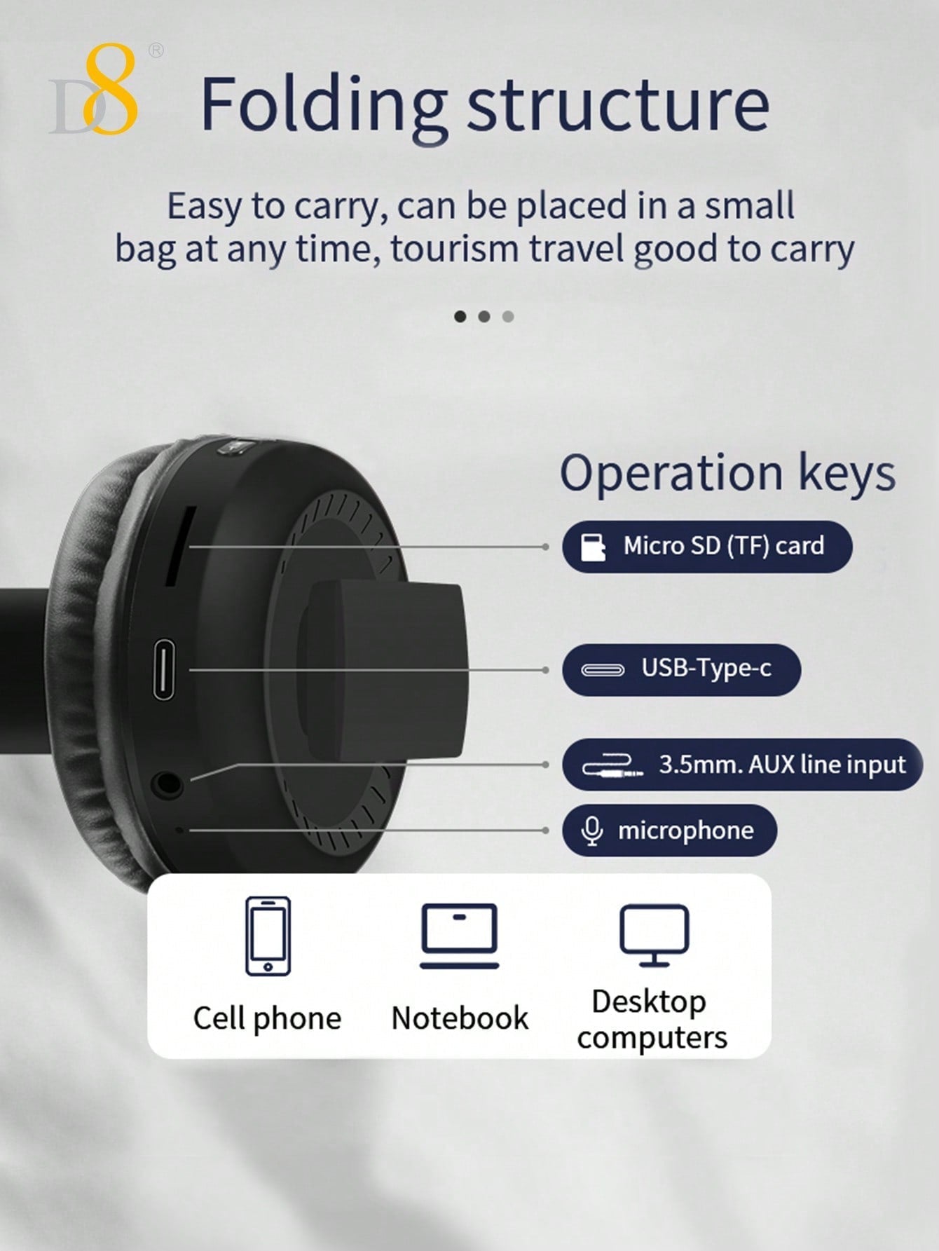 D8 Foldable Over-Ear Headphones, Wireless/Wired, Mic, Deep Bass, 10H Playtime