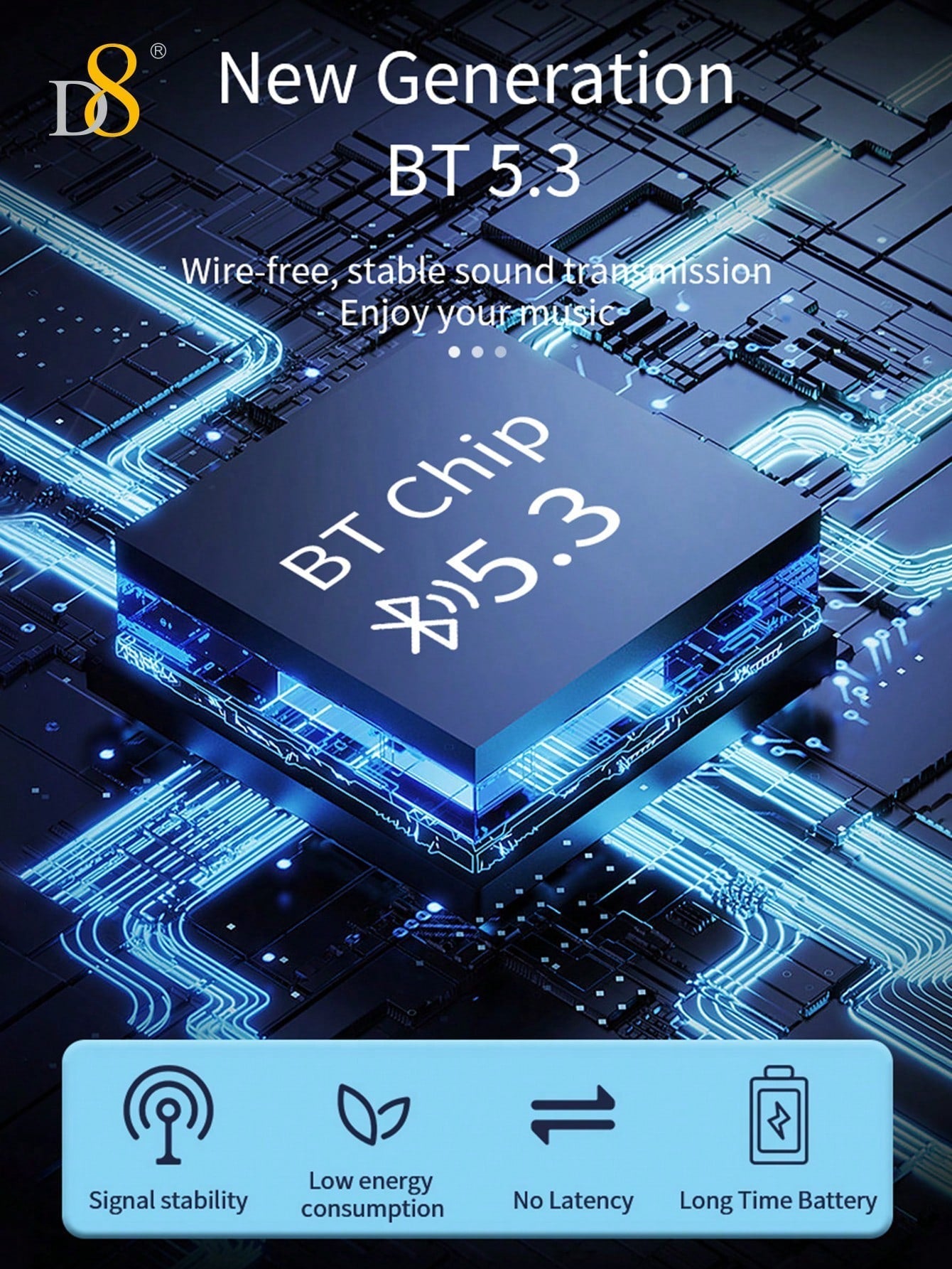 D8 Foldable Over-Ear Headphones, Wireless/Wired, Mic, Deep Bass, 10H Playtime