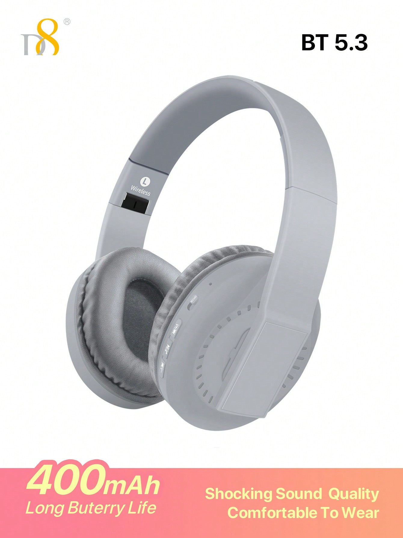D8 Foldable Over-Ear Headphones, Wireless/Wired, Mic, Deep Bass, 10H Playtime