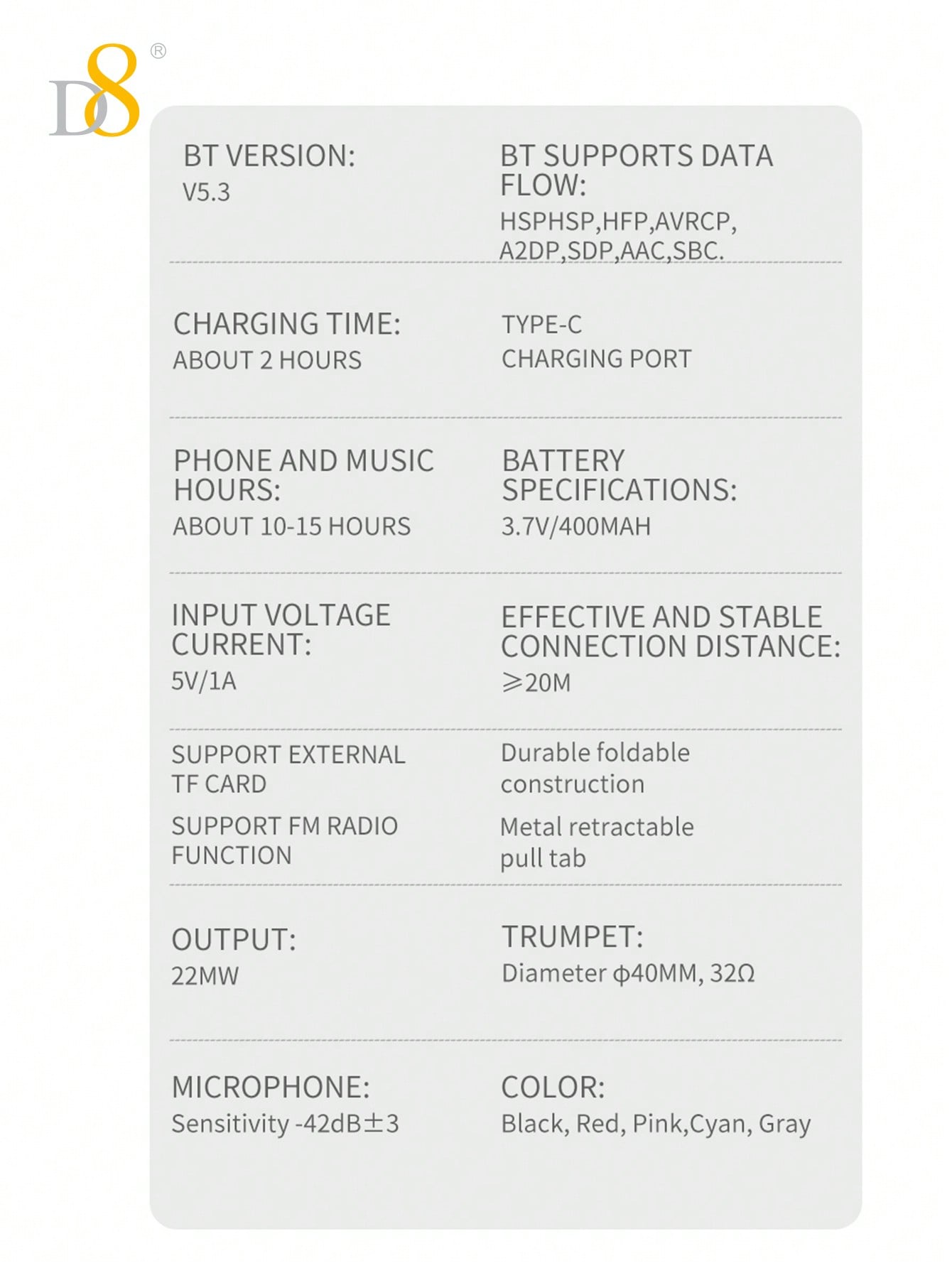 D8 Foldable Over-Ear Headphones, Wireless/Wired, Mic, Deep Bass, 10H Playtime