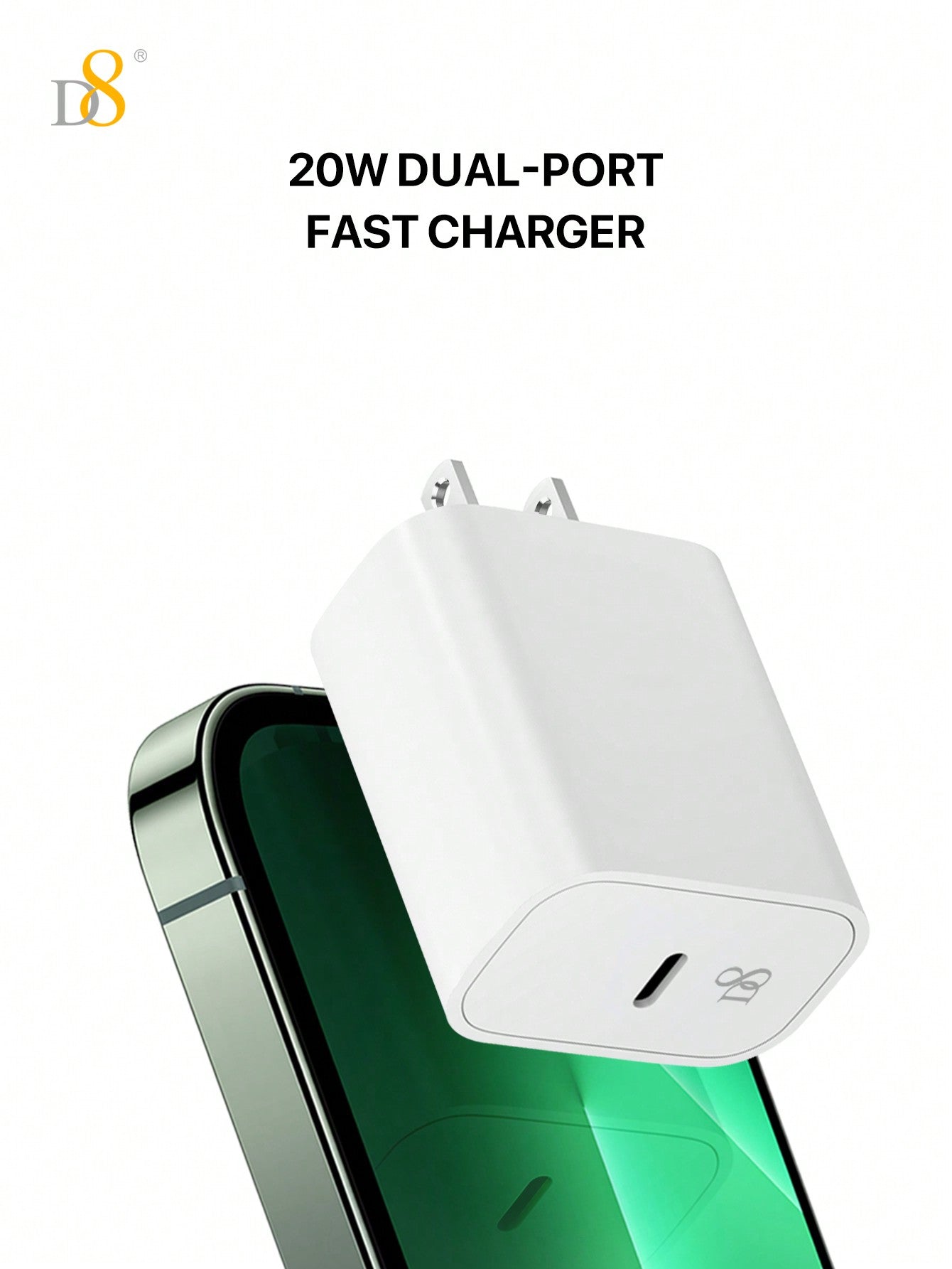 D8 20W PD USB-C Wall Charger 2-Pack with 3.3FT Fast Charging Cable, MFi Certified