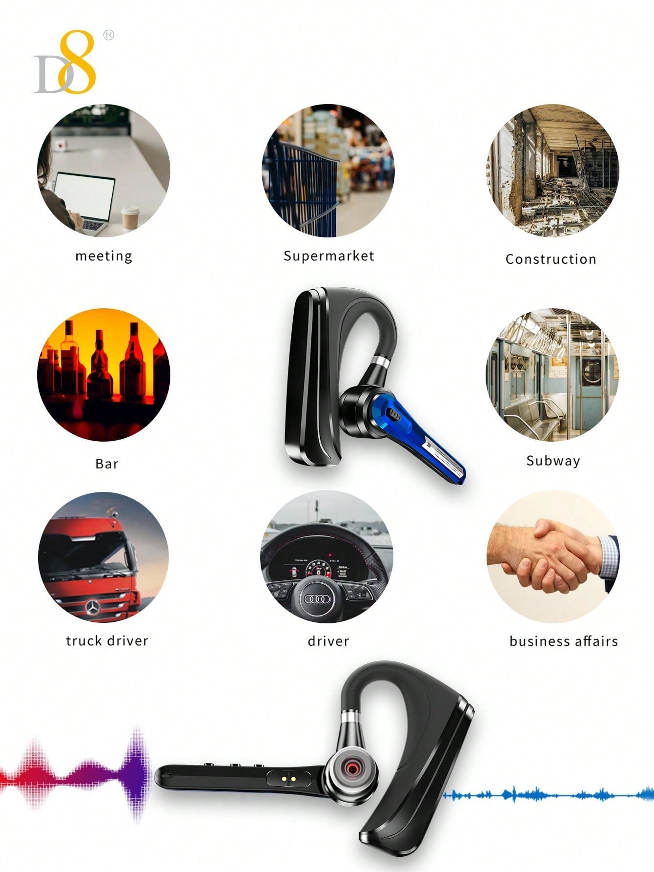 D8 TWS Noise-Canceling Wireless Earbuds, 16H Playtime, LED, Mic, Android/iOS