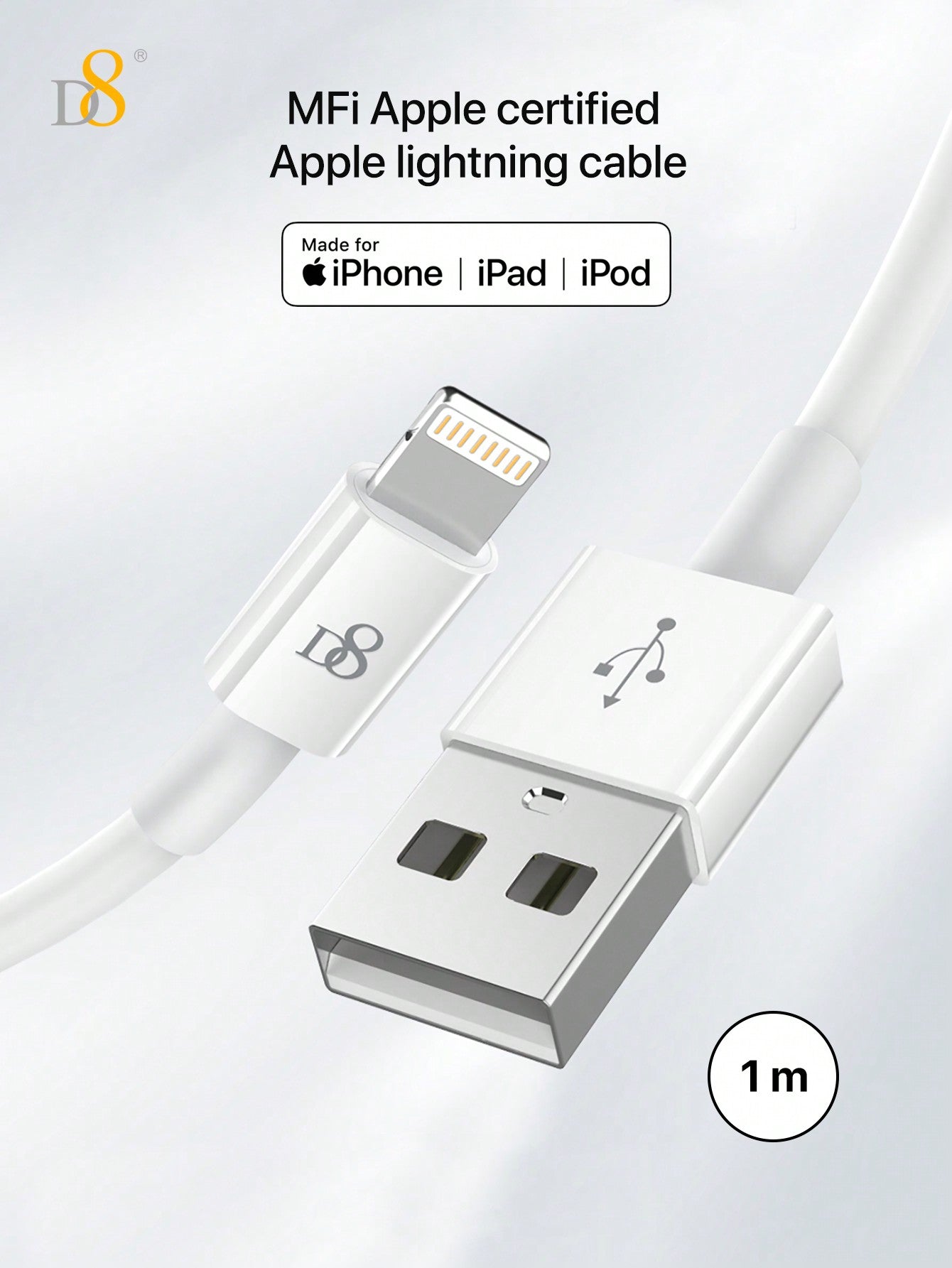 D8 iPhone Charger Cable (0.25M, USB A to Lightning, MFi Certified, 2.4A Fast Charging)