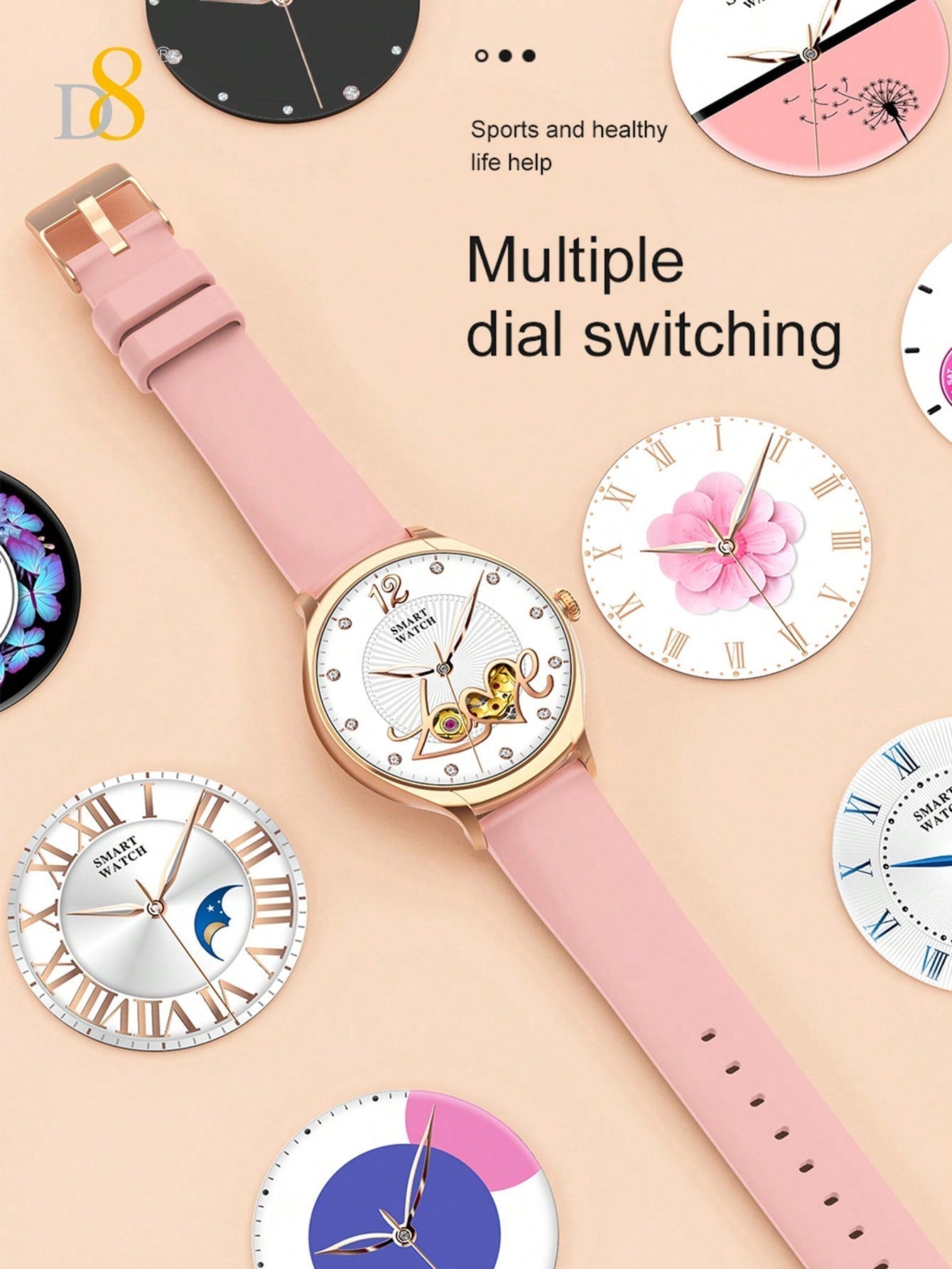 D8 Women's Smartwatch, 1.39" Touchscreen, Waterproof, 100+ Sports Modes