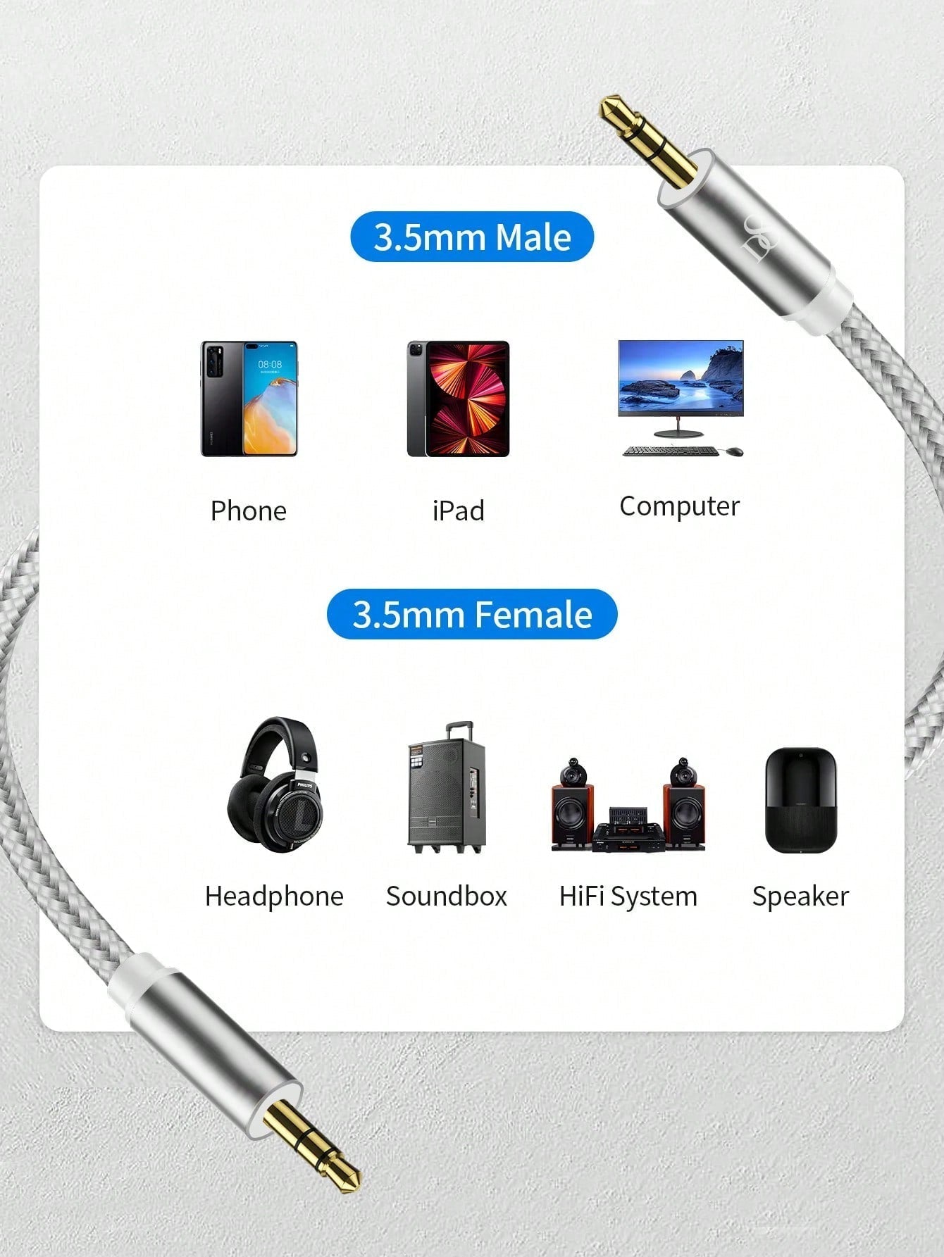 D8 1m 3.5mm Male-to-Male Aux Cable, for Cars, Headphones, Speakers & More