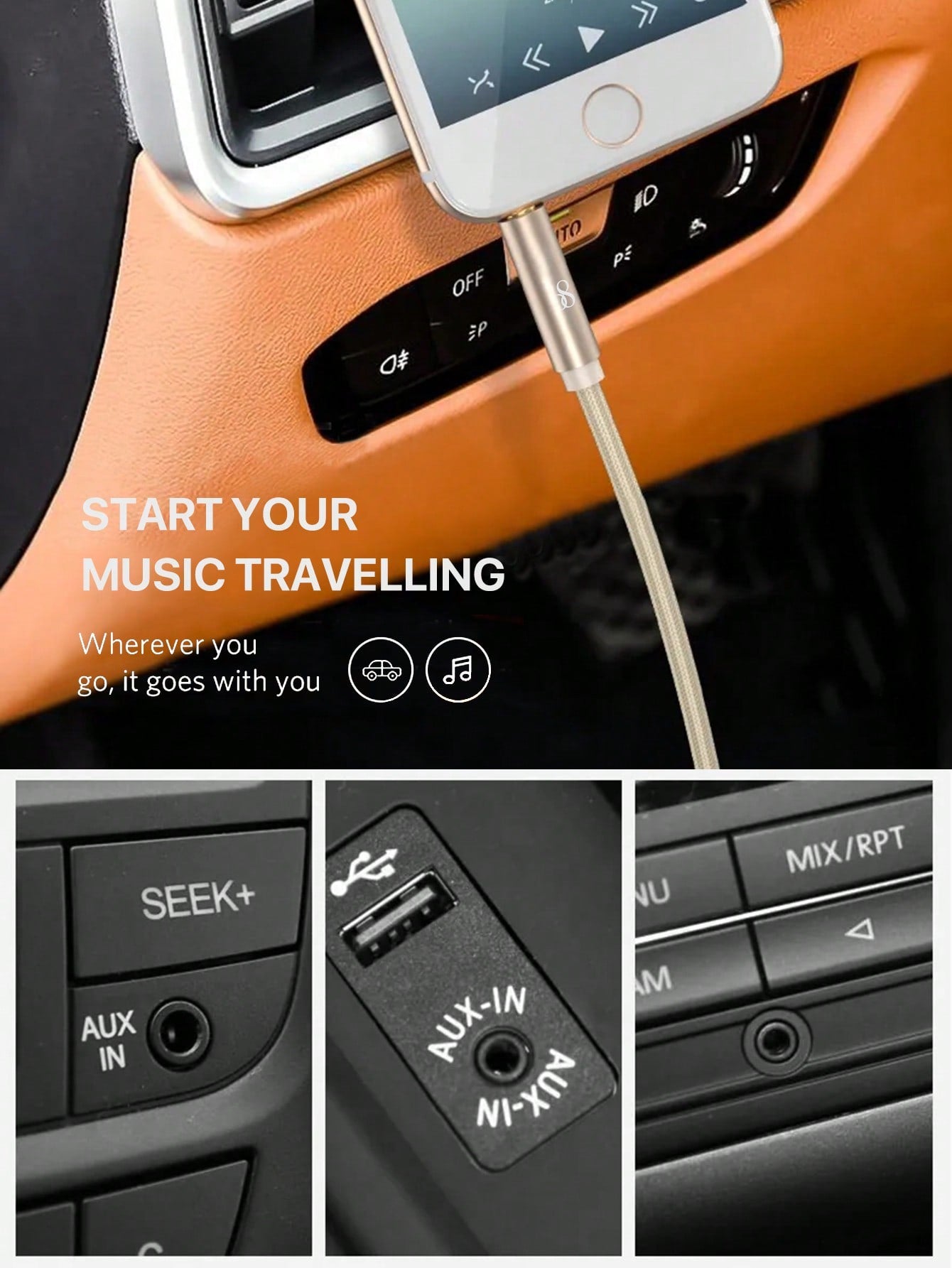 D8 1m 3.5mm Male-to-Male Aux Cable, for Cars, Headphones, Speakers & More