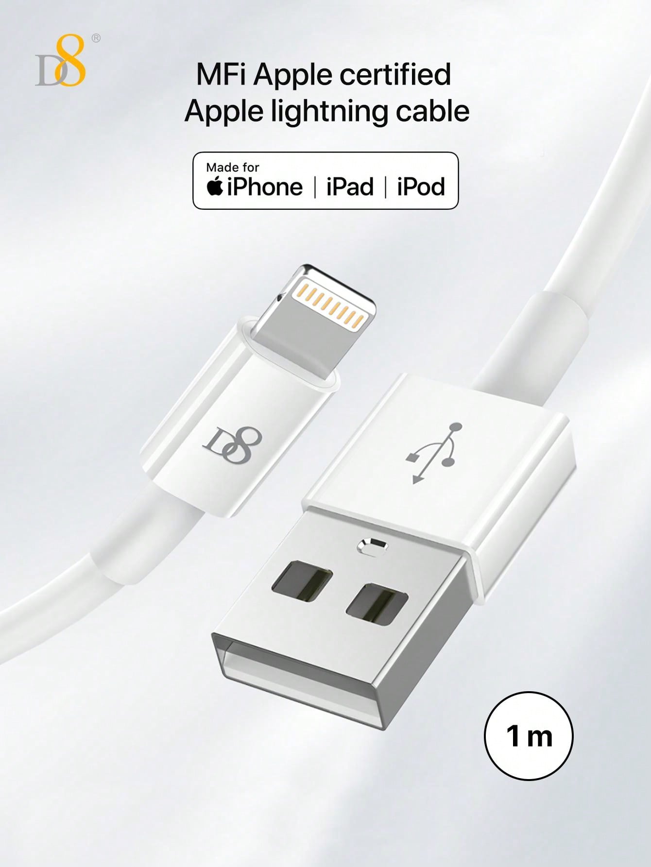D8 MFi Lightning Cable 3-Pack, USB-C & USB-A, PD Fast Charge for iPhone/iPad