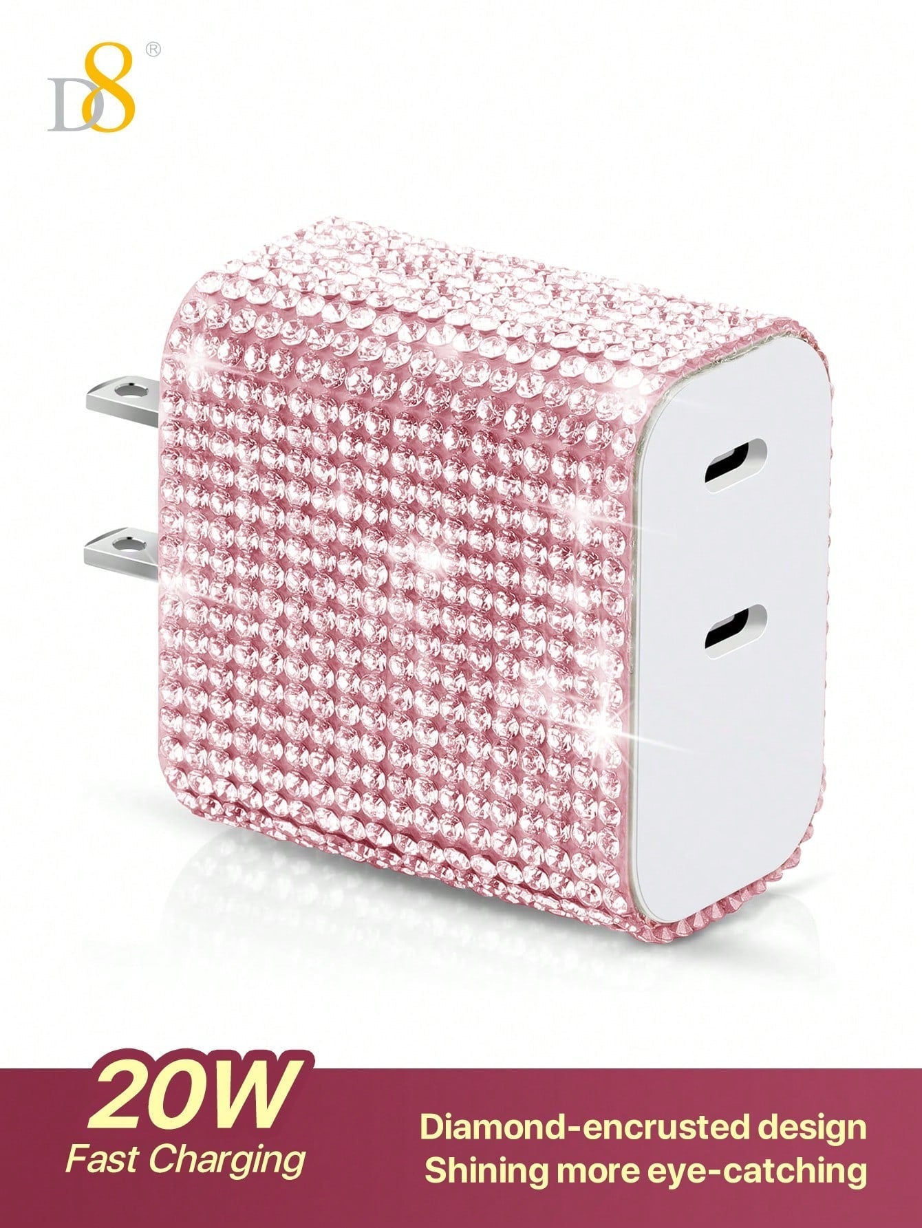 D8 20W USB-C Wall Charger, Dual Port PD Fast Charge, Crystal Design, iPhone/Galaxy