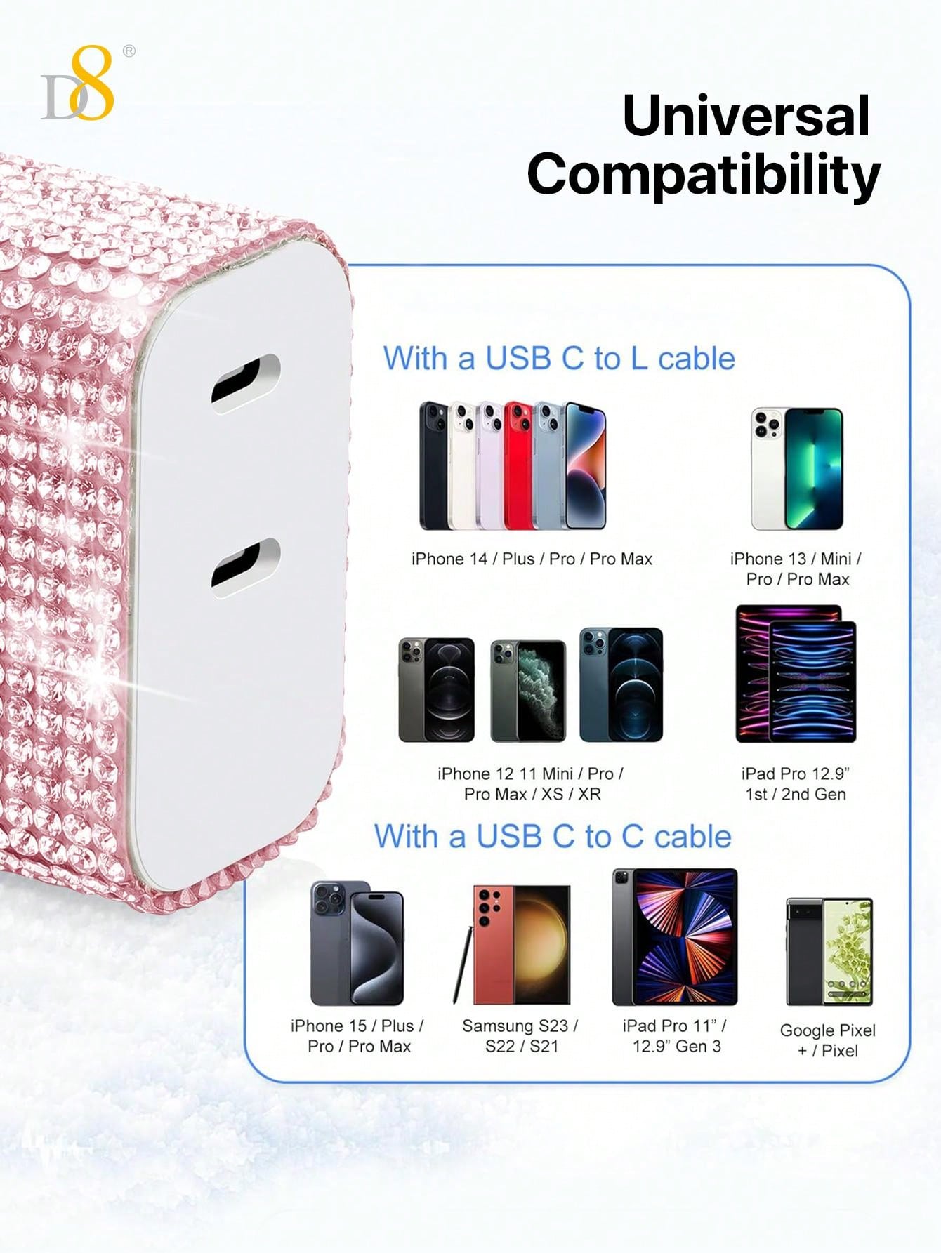 D8 20W USB-C Wall Charger, Dual Port PD Fast Charge, Crystal Design, iPhone/Galaxy