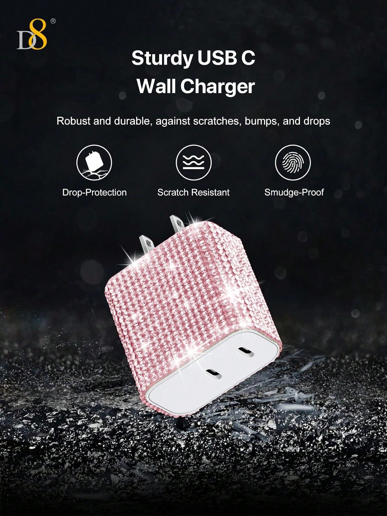 D8 20W USB-C Wall Charger, Dual Port PD Fast Charge, Crystal Design, iPhone/Galaxy