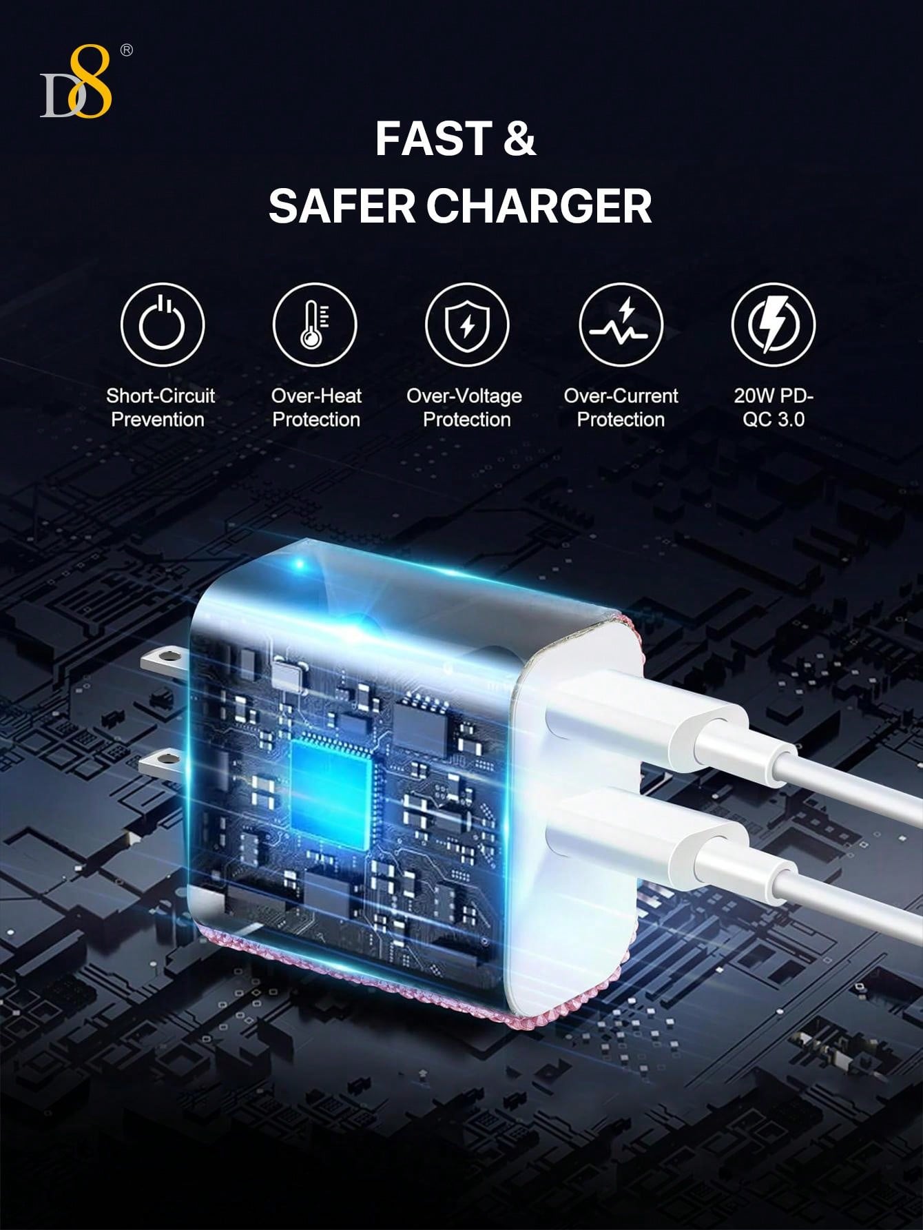 D8 20W USB-C Wall Charger, Dual Port PD Fast Charge, Crystal Design, iPhone/Galaxy