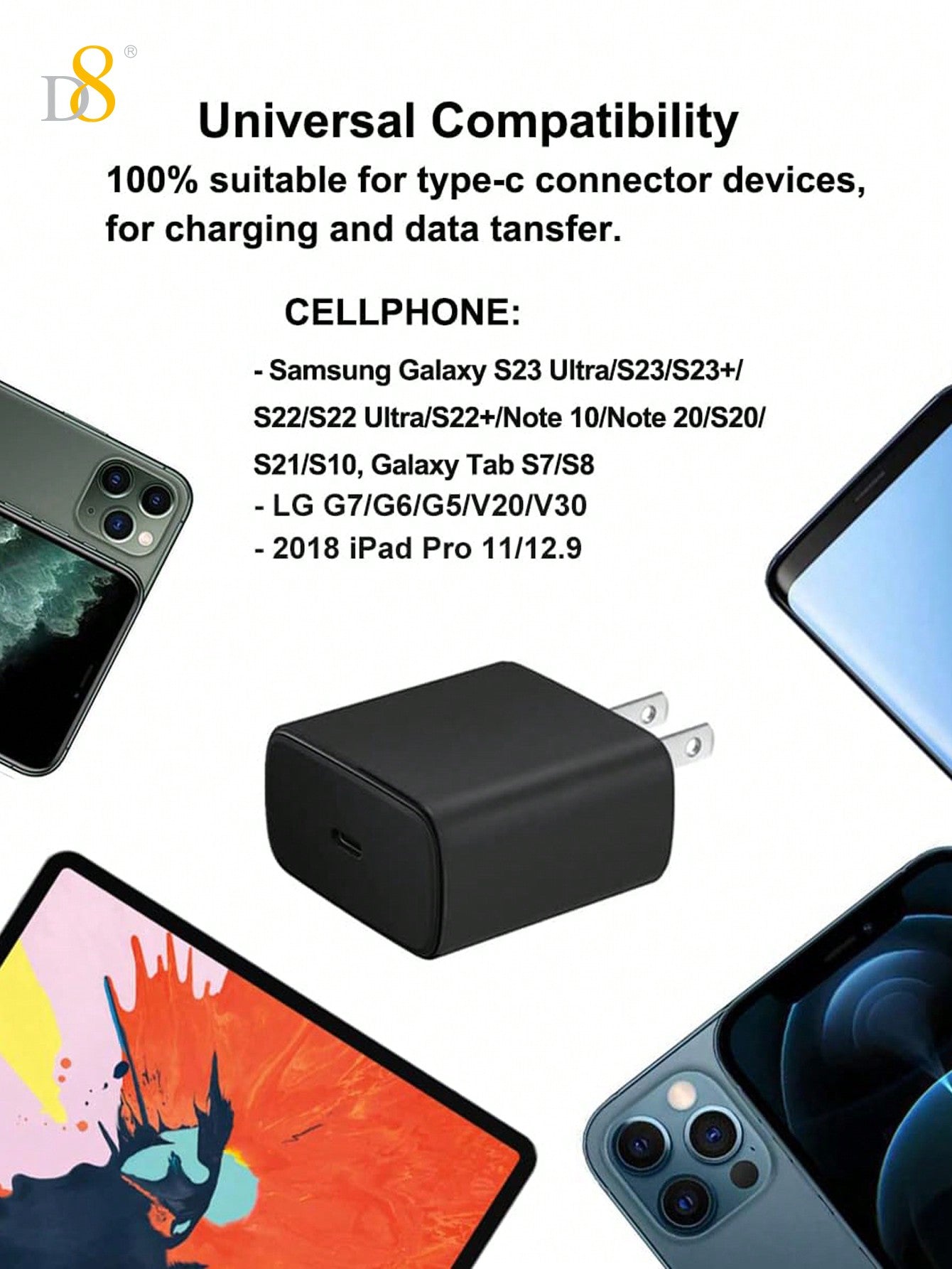 D8 45W USB-C Super Fast Charger, Wall Block for Galaxy/iPhone/Pixel/Tab