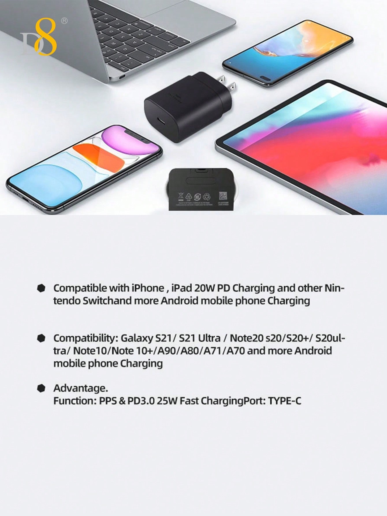 D8 1-Pack iPhone 15 Charger Fast Charging 25W USB C, 3.3FT Cable, Compatible with iPhone 16, iPad, Galaxy
