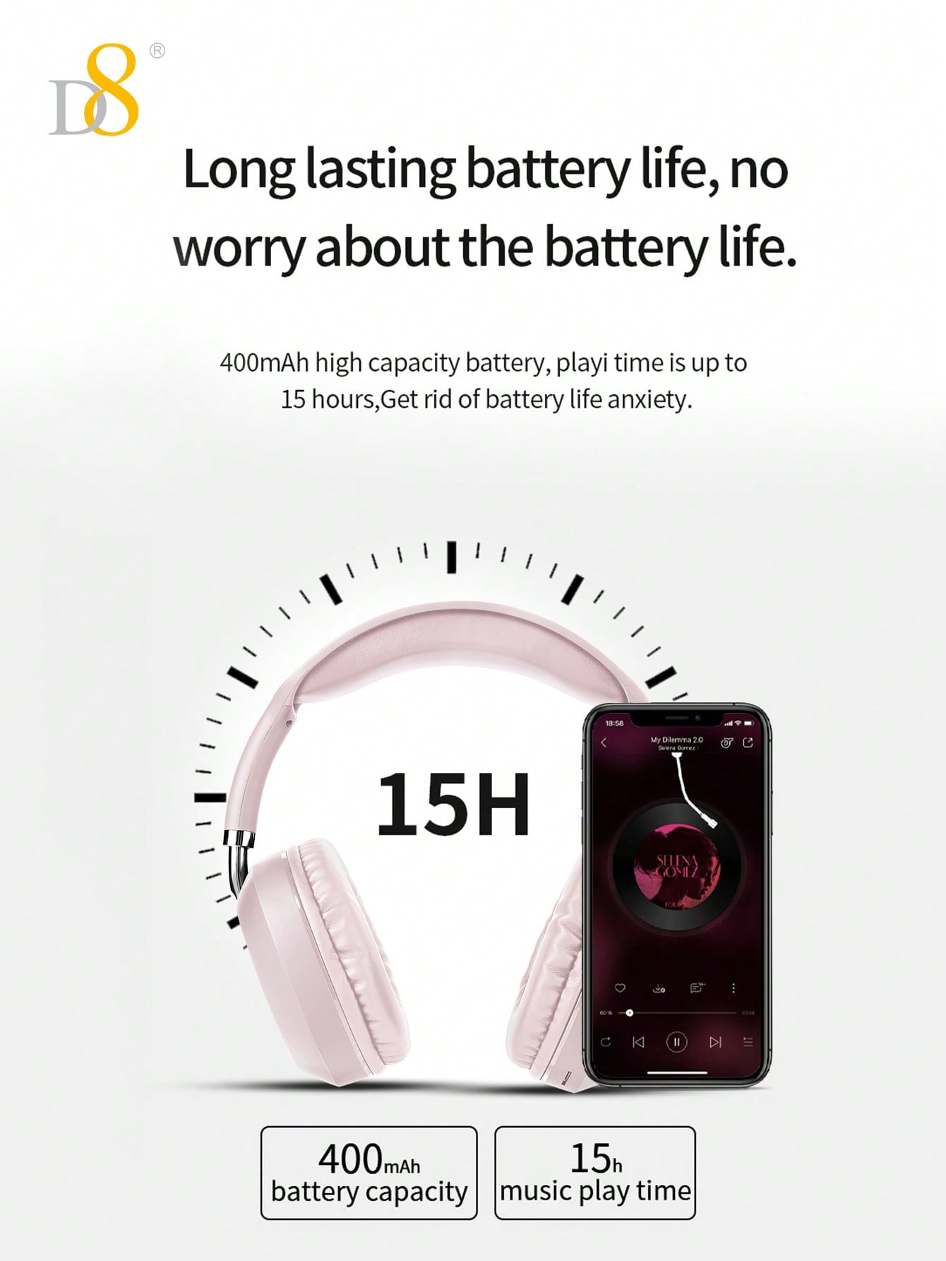 D8 Retractable Over-Ear Headphones, Wireless/Wired, 15H Playtime, Foldable