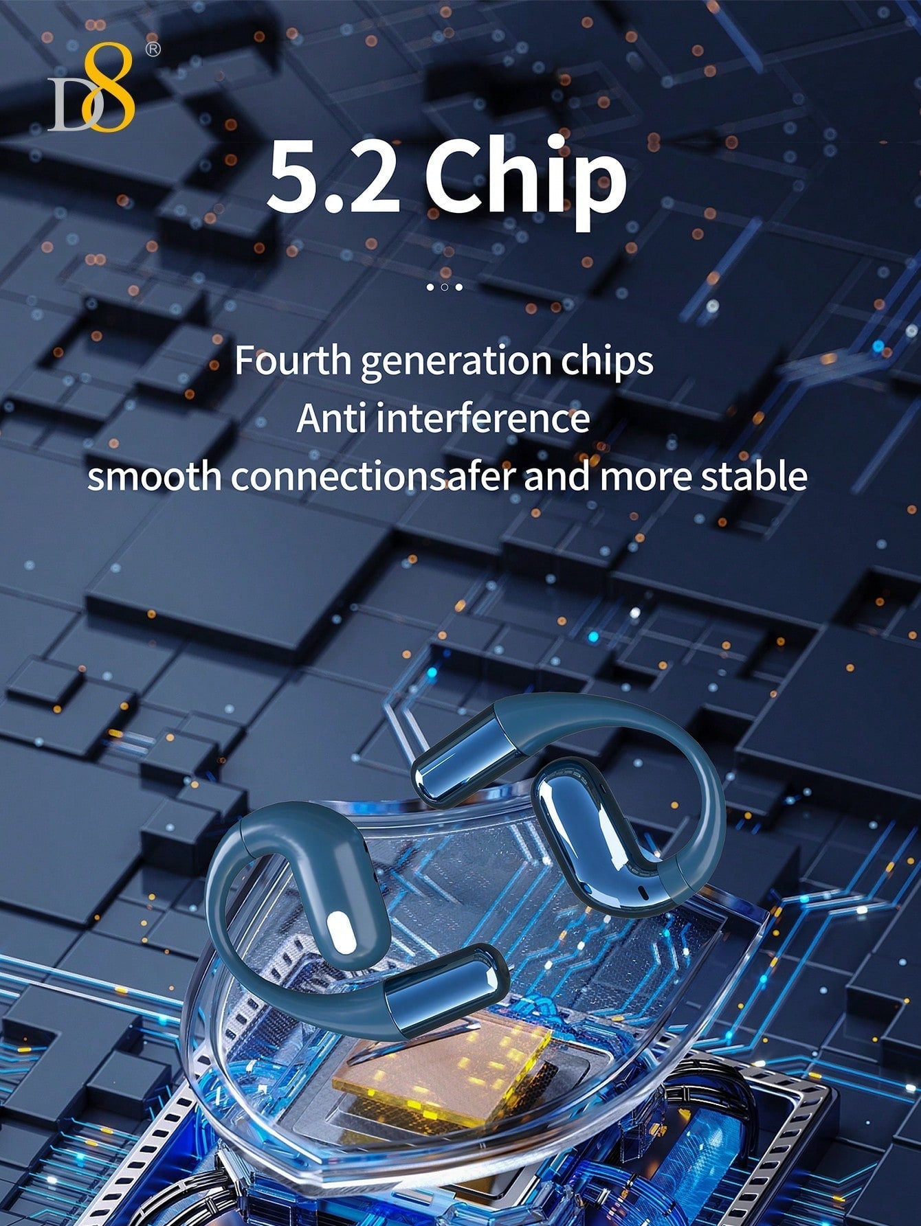 D8 Open-Ear Sport Headphones, 5.2 Stereo, Bass Boost, 7H Playtime, IPX5