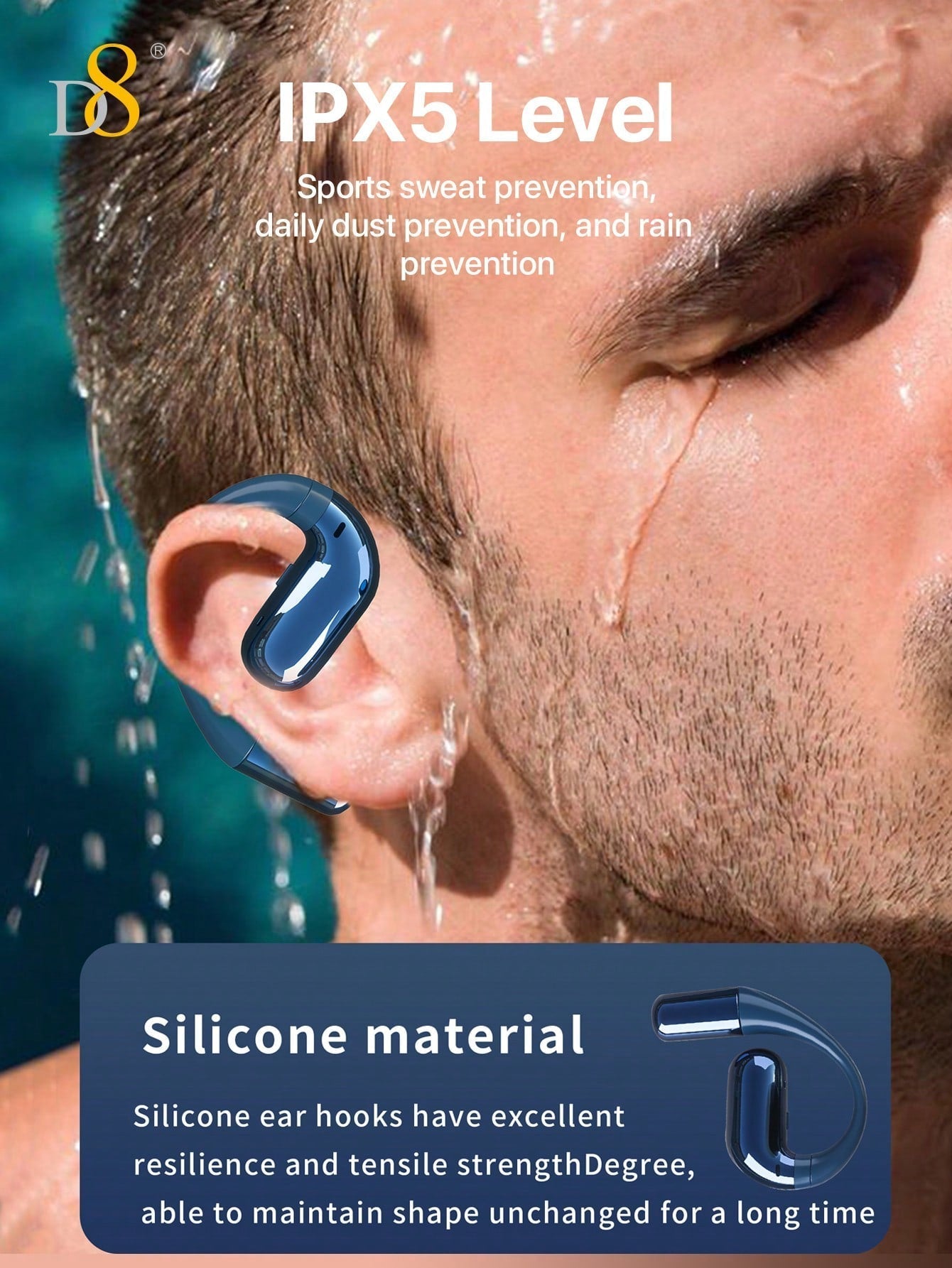 D8 Open-Ear Sport Headphones, 5.2 Stereo, Bass Boost, 7H Playtime, IPX5