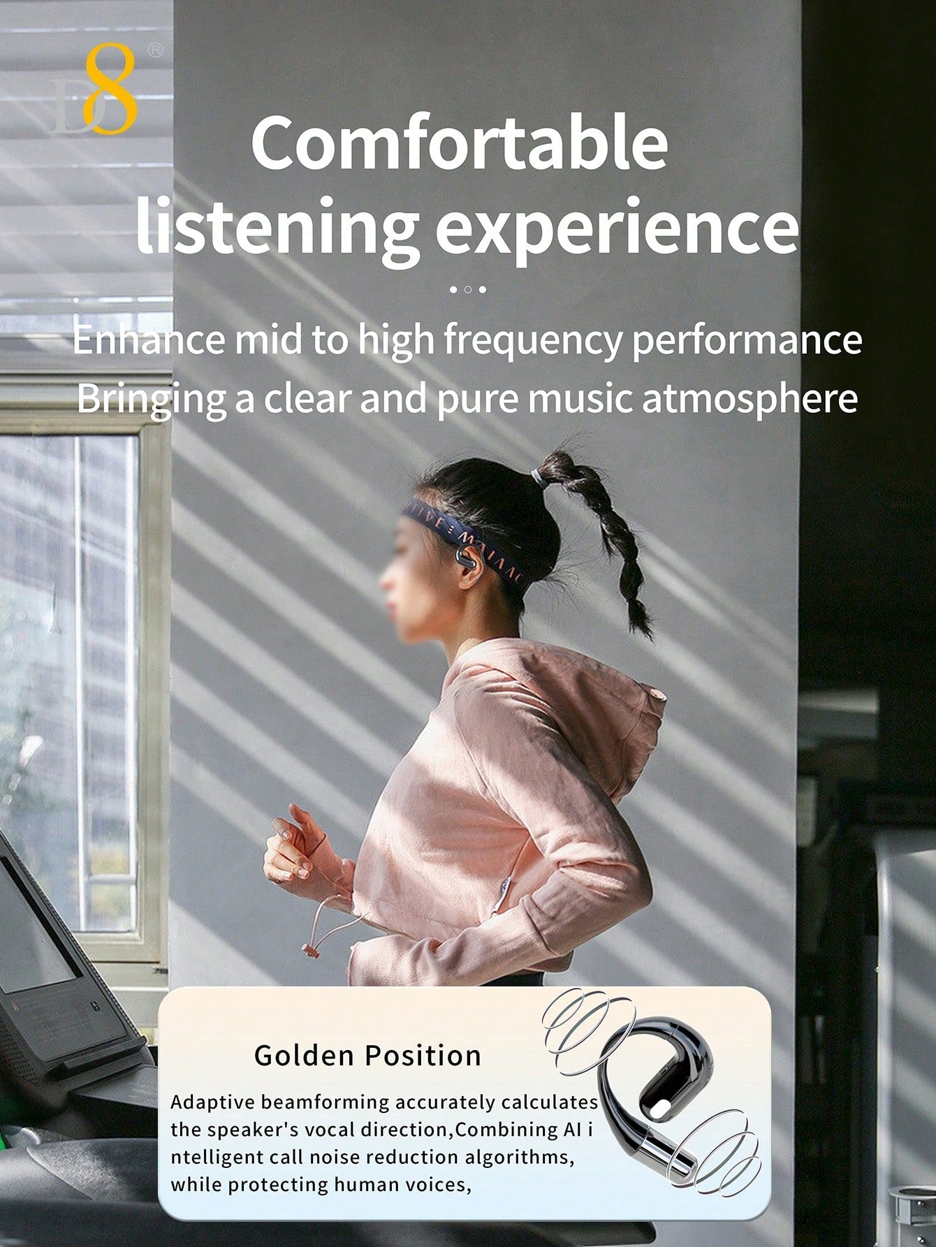 D8 Open-Ear Sport Headphones, 5.2 Stereo, Bass Boost, 7H Playtime, IPX5