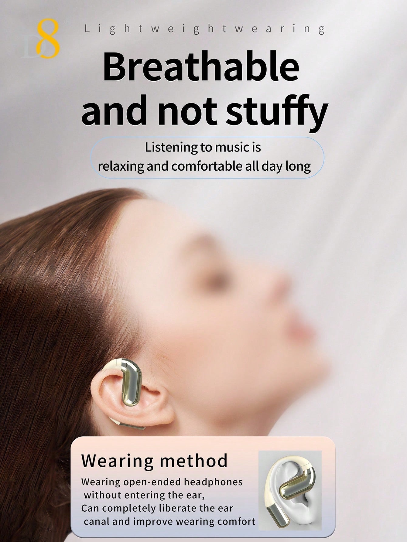 D8 Open-Ear Sport Headphones, 5.2 Stereo, Bass Boost, 7H Playtime, IPX5