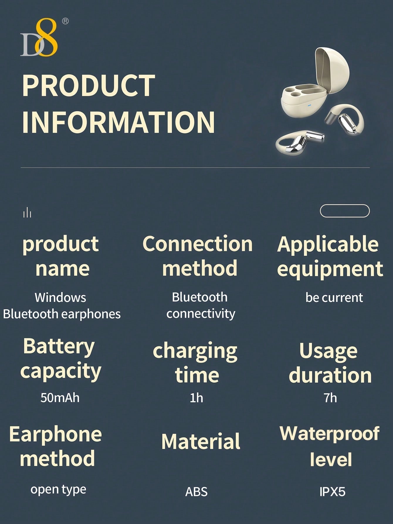 D8 Open-Ear Sport Headphones, 5.2 Stereo, Bass Boost, 7H Playtime, IPX5