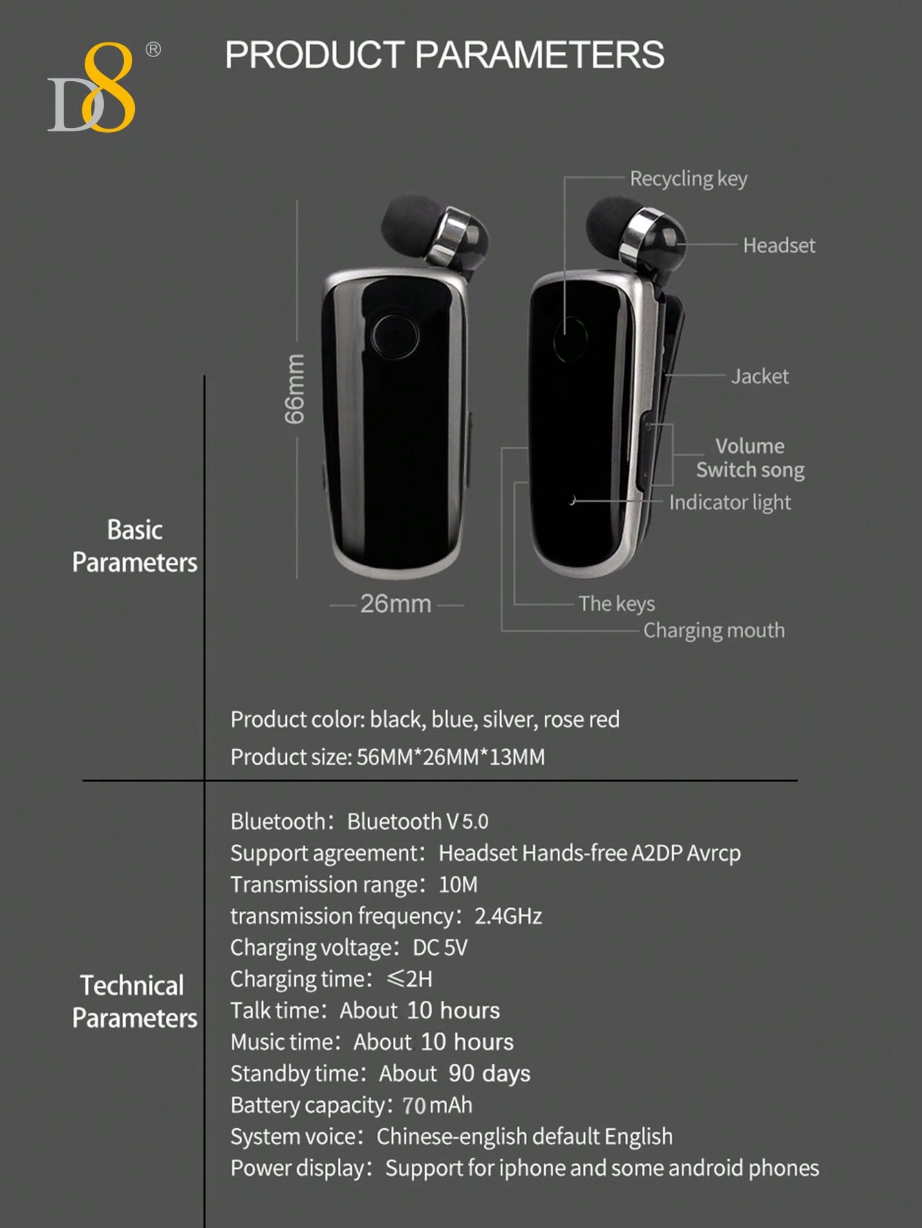D8 Retractable Wireless Headset, V5.0 Noise-Canceling Clip-On Earbud, 10H Talk