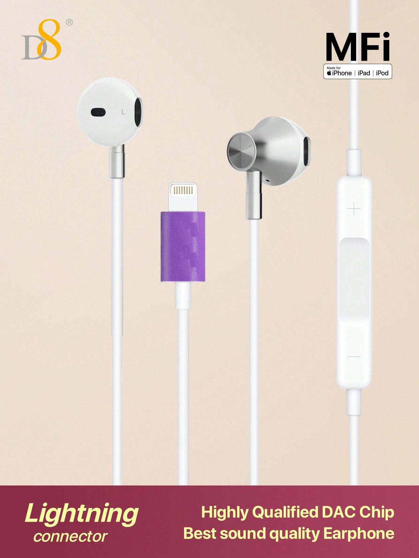D8 Lightning Connector Headphones with Mic & Remote – MFi Certified Wired Earbuds