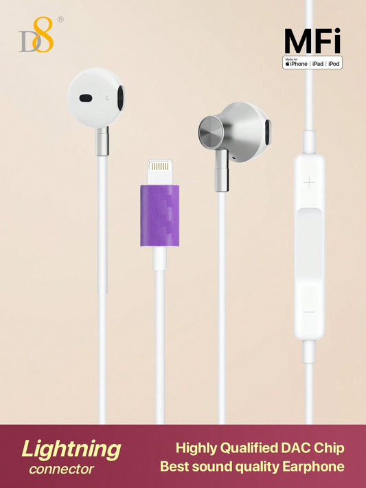 D8 Lightning Connector Headphones with Mic & Remote – MFi Certified Wired Earbuds