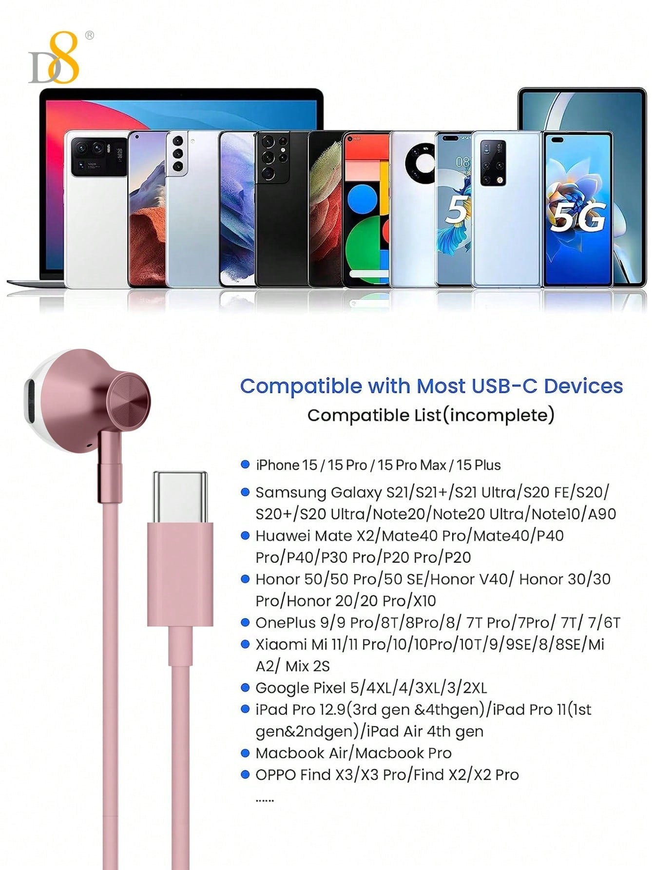 D8 Type C In-Ear Headphones with Mic & Volume Control - Compatible with iPhone 16, iPad, Galaxy S23