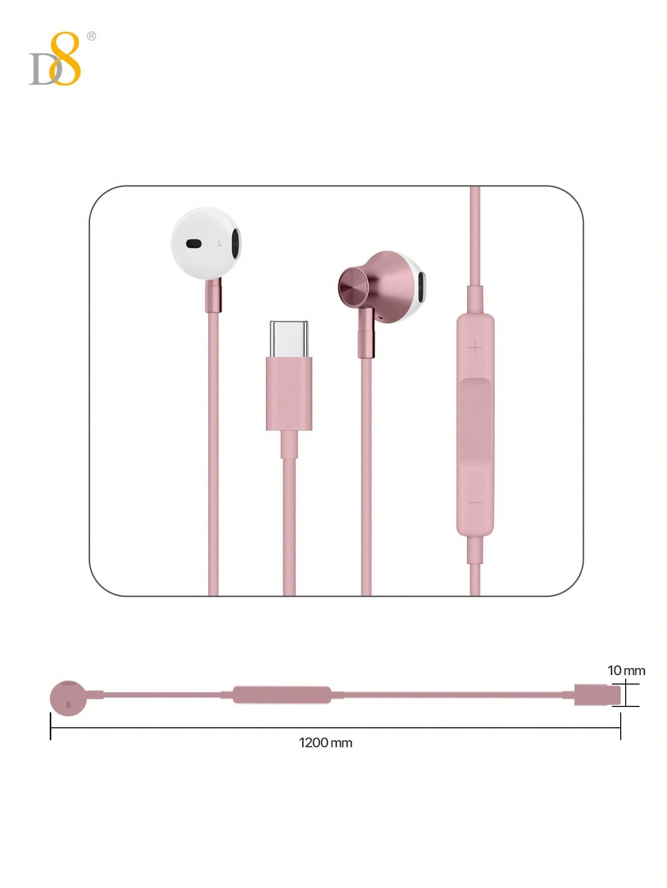 D8 Type C In-Ear Headphones with Mic & Volume Control - Compatible with iPhone 16, iPad, Galaxy S23