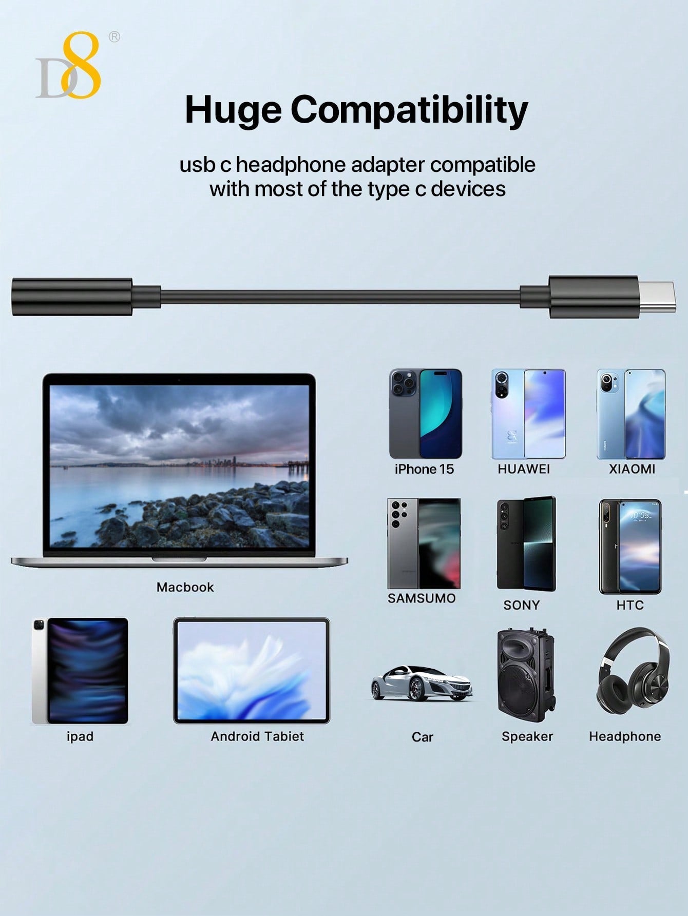 D8 USB-C to 3.5mm Adapter, Aux Dongle for iPhone 16/Galaxy/iPad/Pixel 8