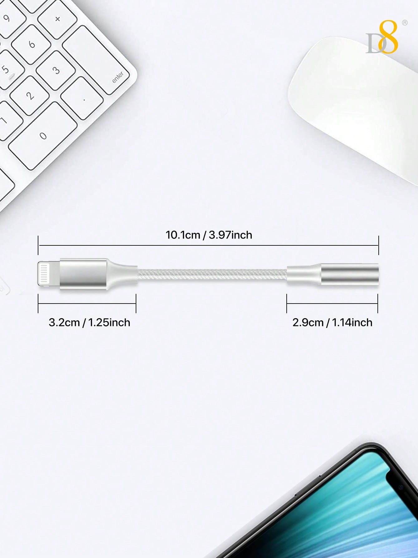 D8 MFi Certified Lightning to 3.5mm Headphone Adapter, iPhone Aux Dongle