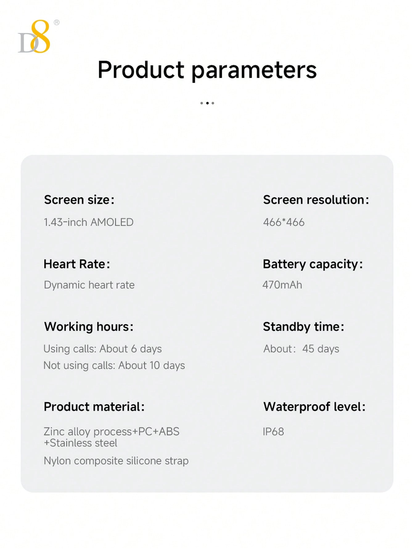 D8 Men's Rugged Smartwatch, 25-Day Battery, 1.43" AMOLED, IP67, 100 Sports