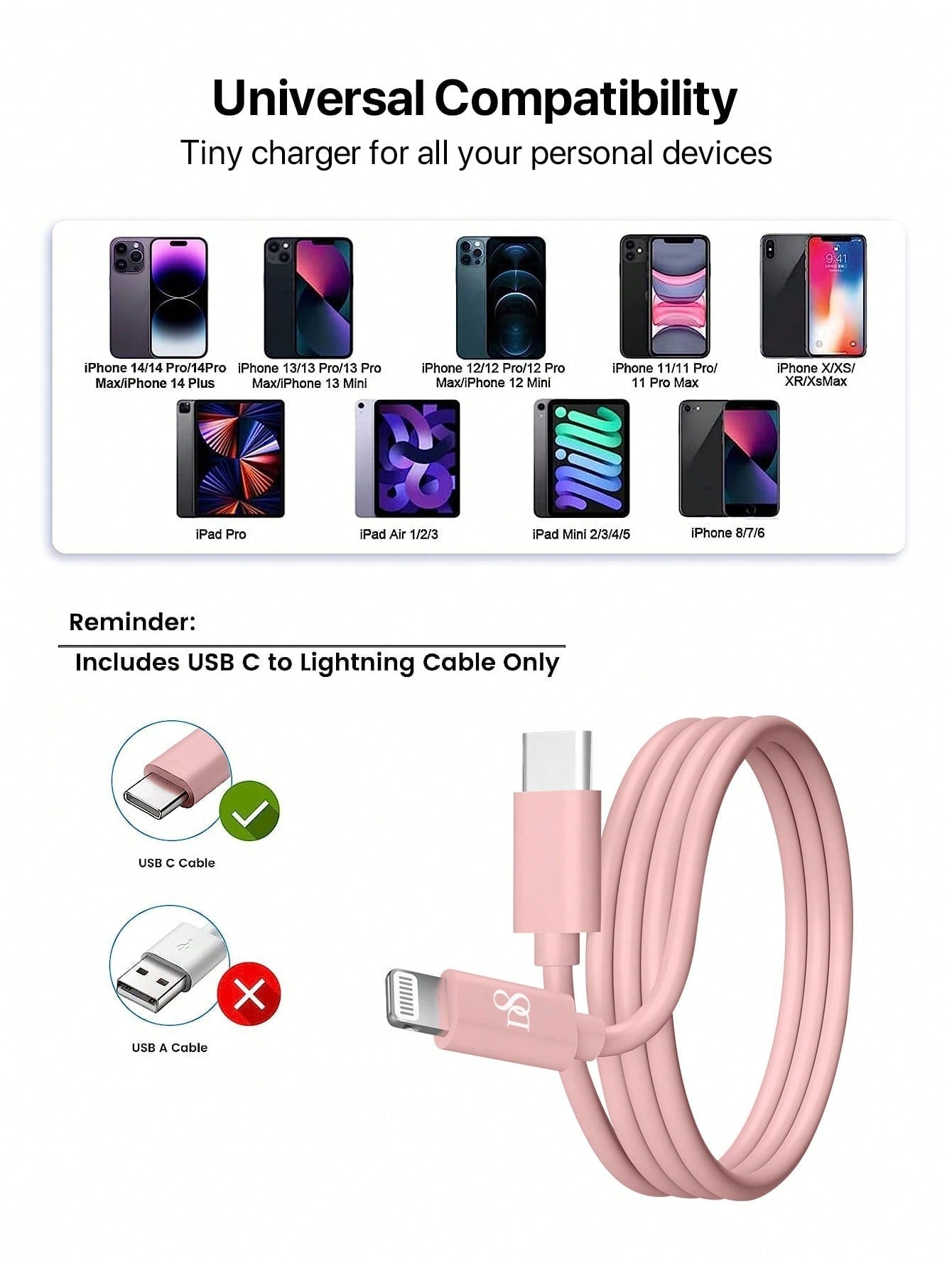 D8 2-Pack USB-C & USB-A to Lightning Charger Cable, MFi Certified, 2.4A Fast Charging, 3.3FT