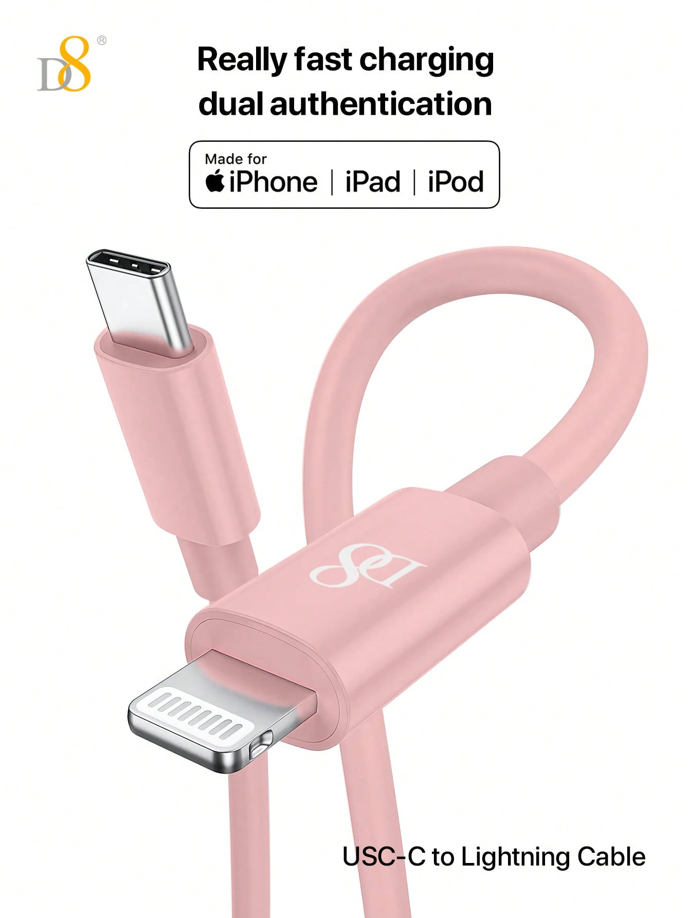 D8 2-Pack USB-C & USB-A to Lightning Charger Cable, MFi Certified, 2.4A Fast Charging, 3.3FT