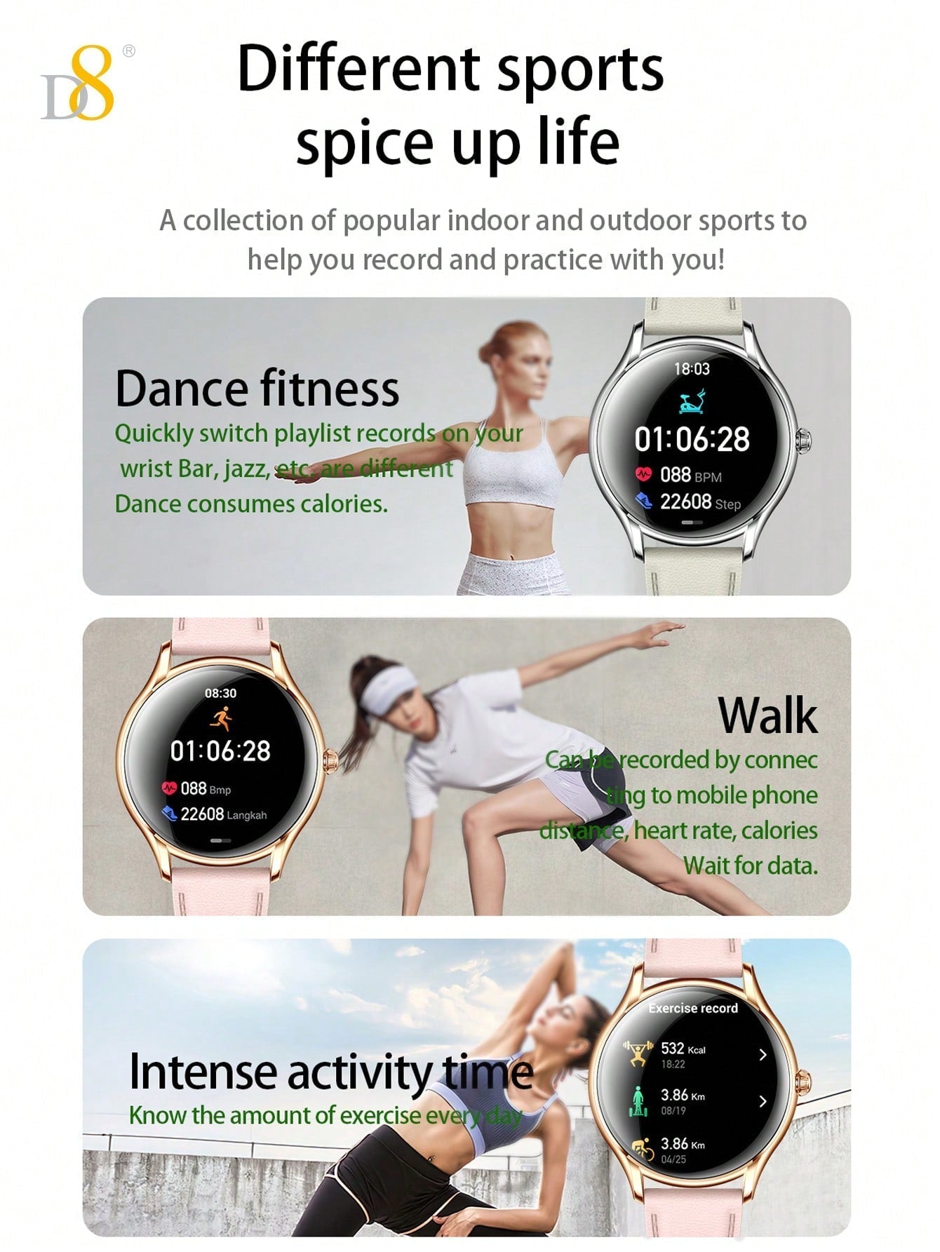 D8 Women's Smartwatch, 1.43" AMOLED, Calls, Fitness Tracker, 100+ Sports