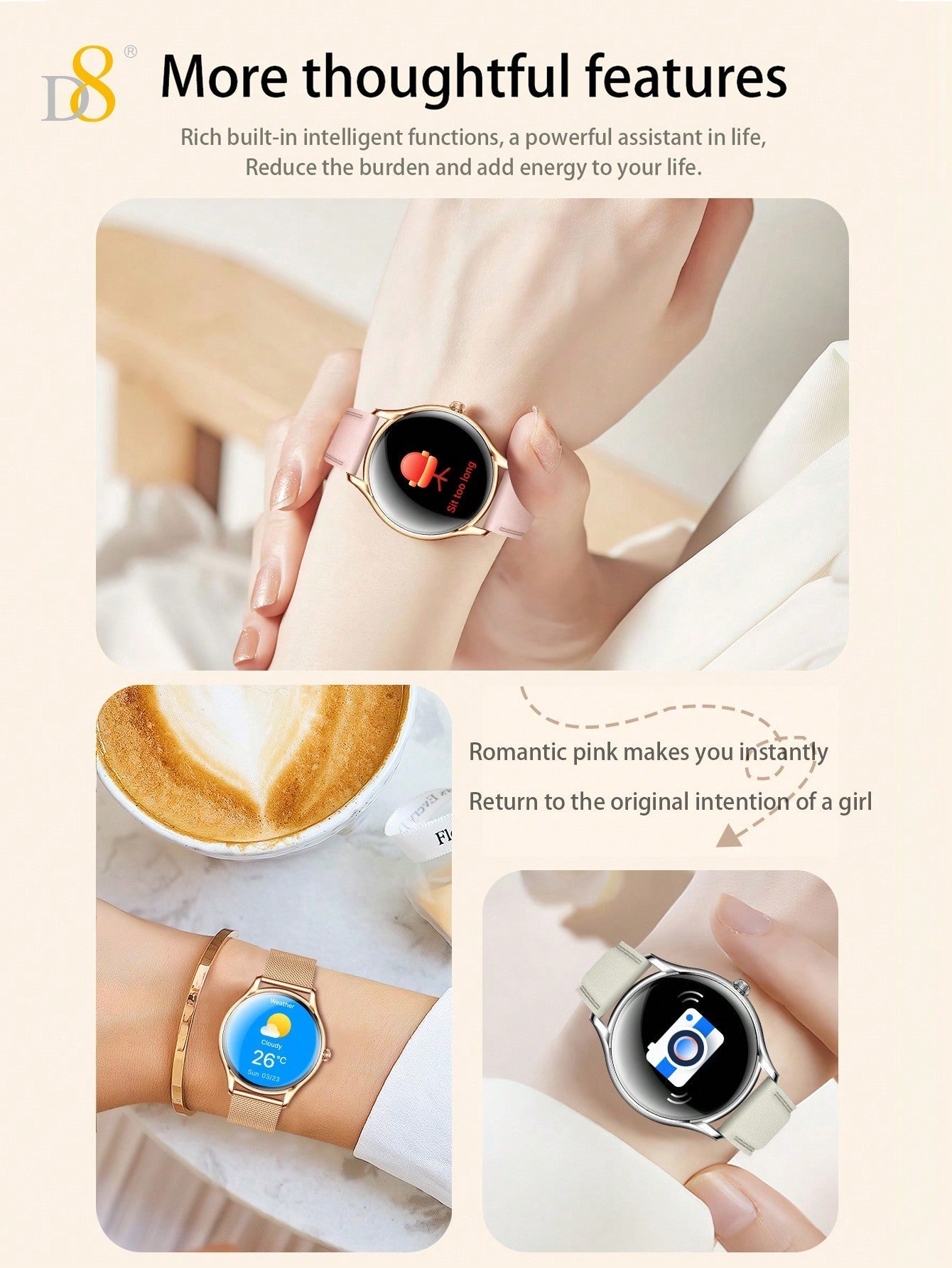 D8 Women's Smartwatch, 1.43" AMOLED, Calls, Fitness Tracker, 100+ Sports