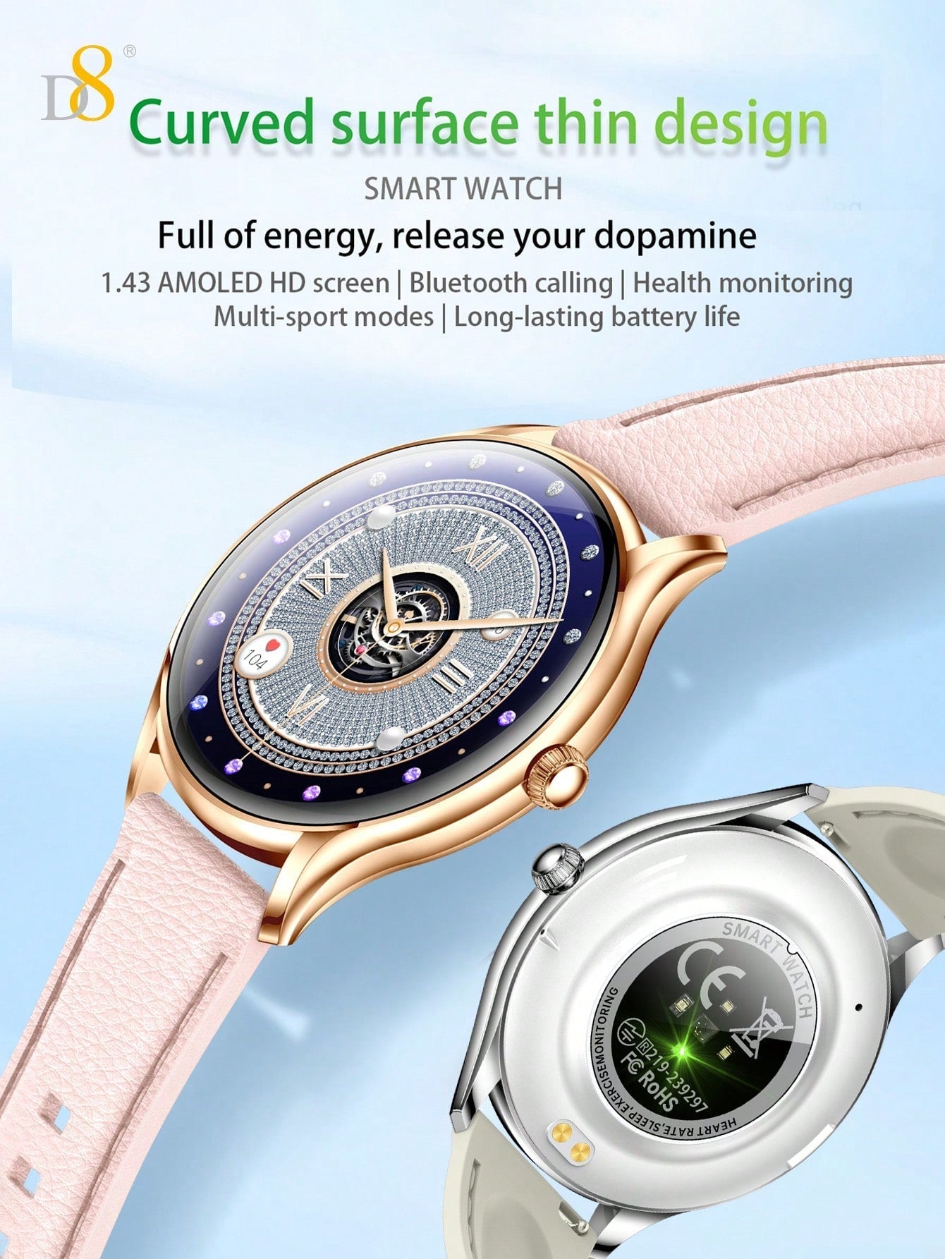 D8 Women's Smartwatch, 1.43" AMOLED, Calls, Fitness Tracker, 100+ Sports