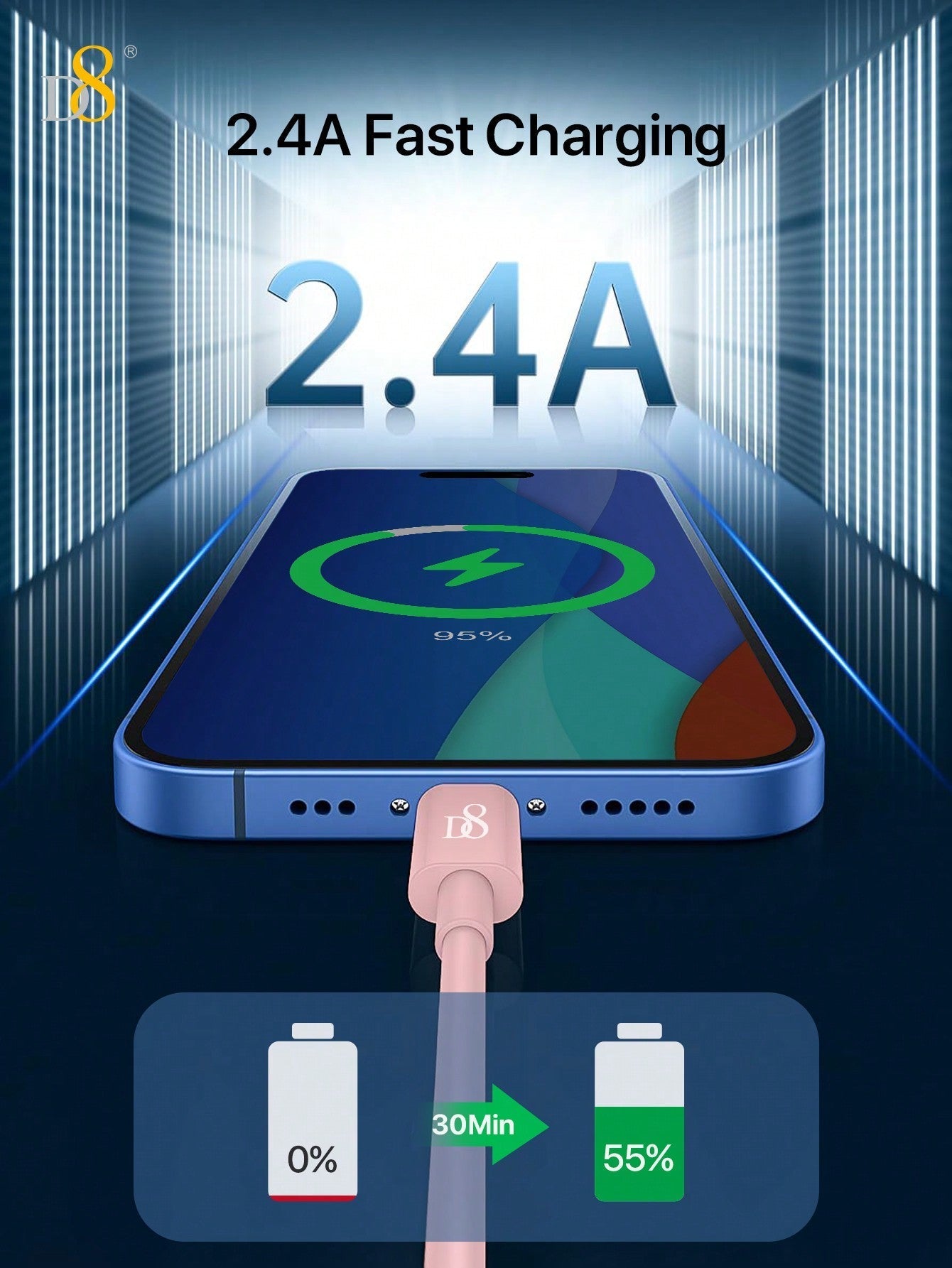 D8 MFi Certified USB-A to Lightning Cable, 2.4A Fast Charging (0.25M/1M/1.5M/2M)