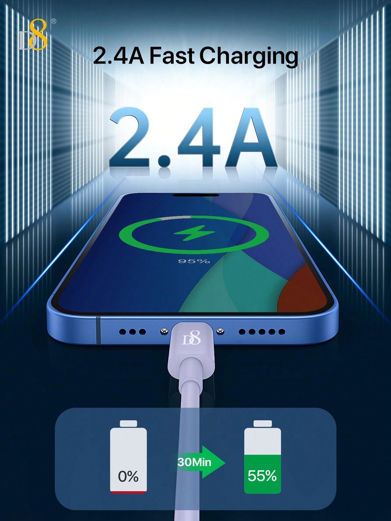 D8 MFi Certified USB-A to Lightning Charger Cable, 2.4A Fast Charging (0.25M/1M/1.5M/2M)