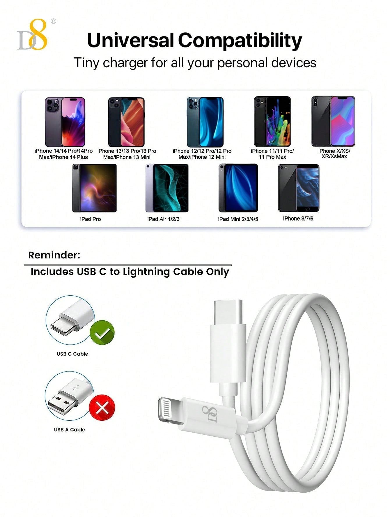 D8 USB-C to Lightning Cable, MFi Certified, PD Fast Charging (1M/3.3FT)