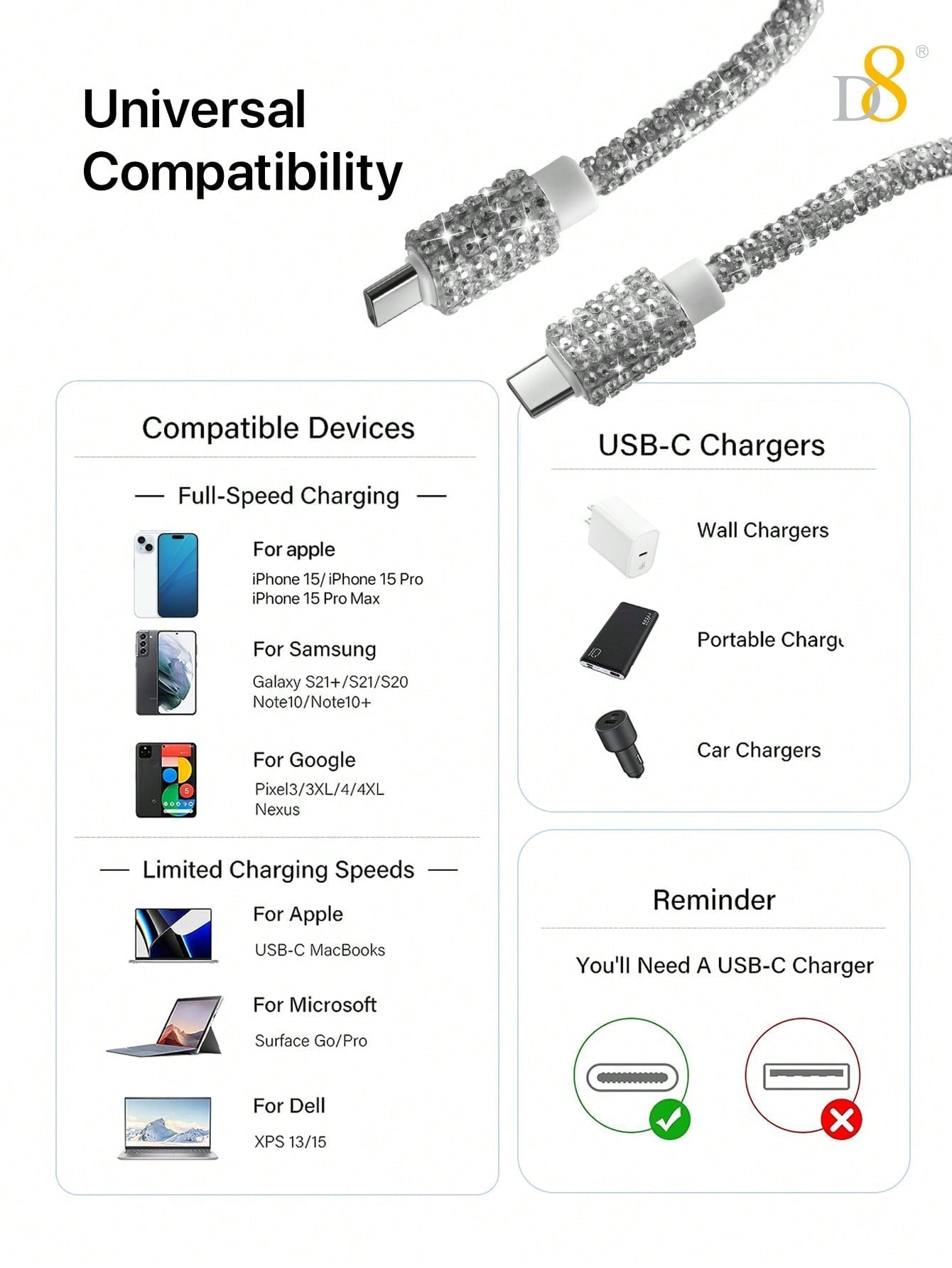 D8 USB-C Cable, 3.3FT 60W Fast Charge, Rhinestone Design for iPhone/Samsung