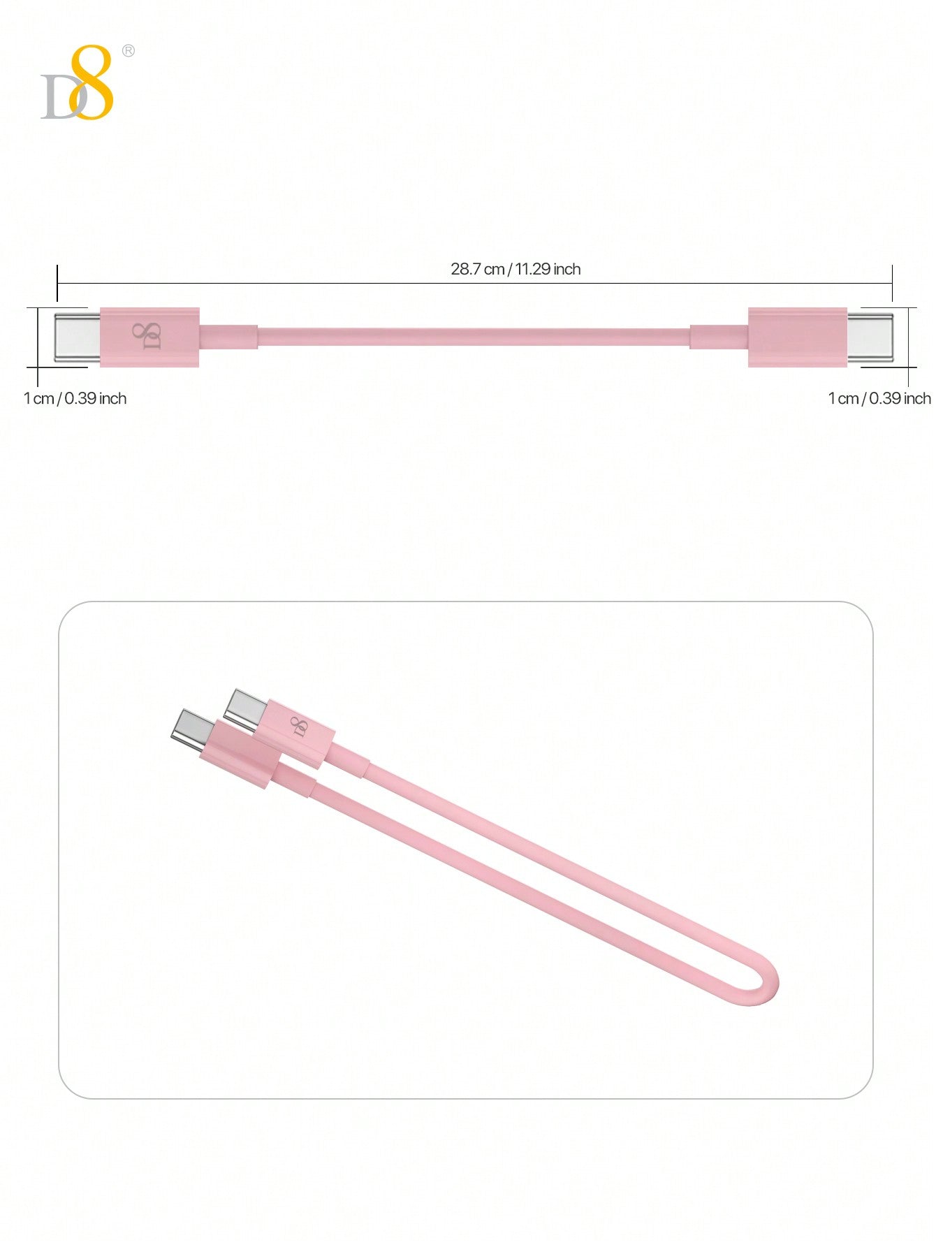D8 USB-C to USB-C Cable, 0.83FT, 60W Fast Charging for iPhone/Galaxy/iPad