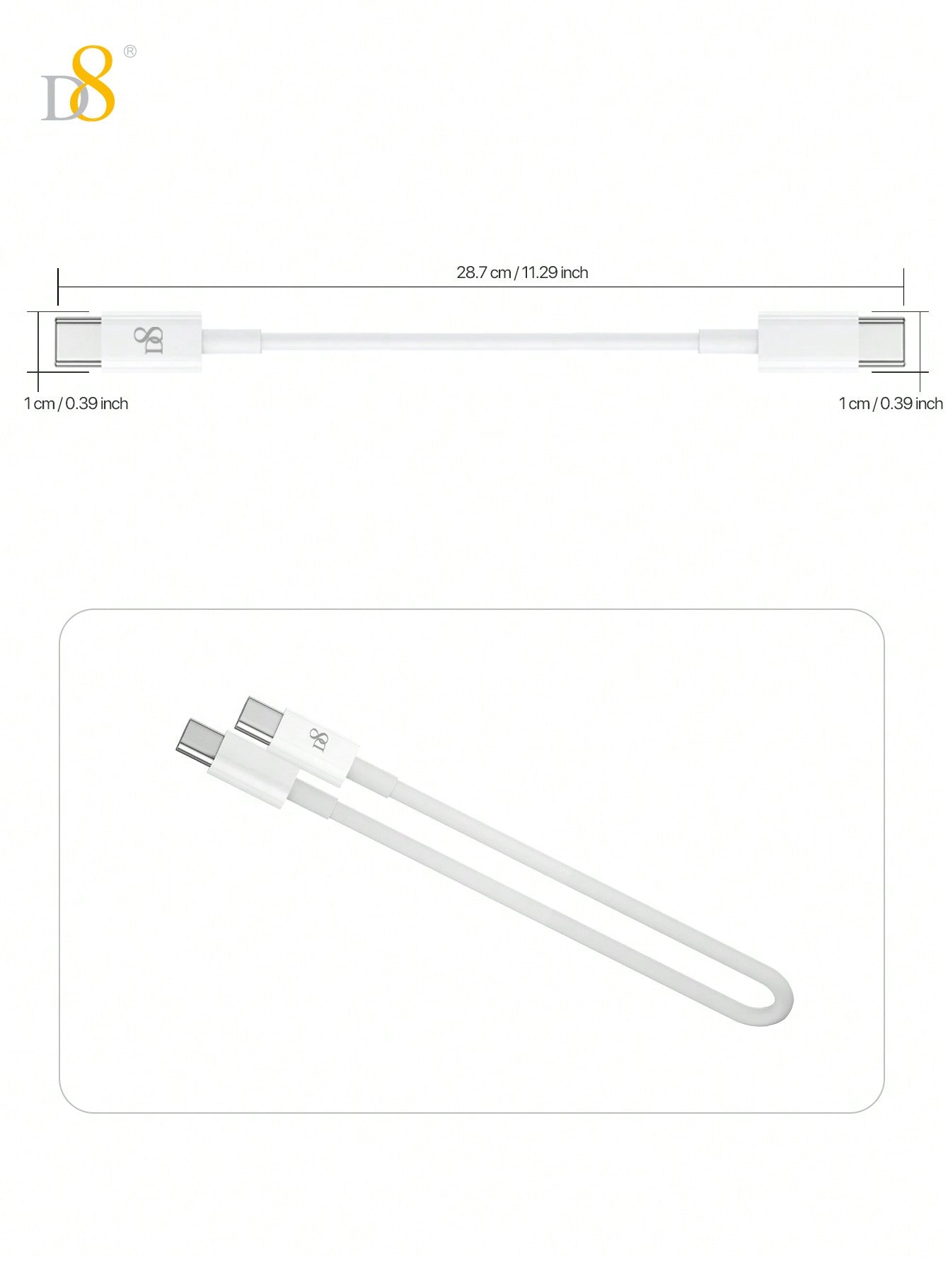 D8 USB-C to USB-C Cable (0.83ft, 60W/3A) Fast Charging Cable for iPhone 16, 15, iPad Pro, Galaxy & More