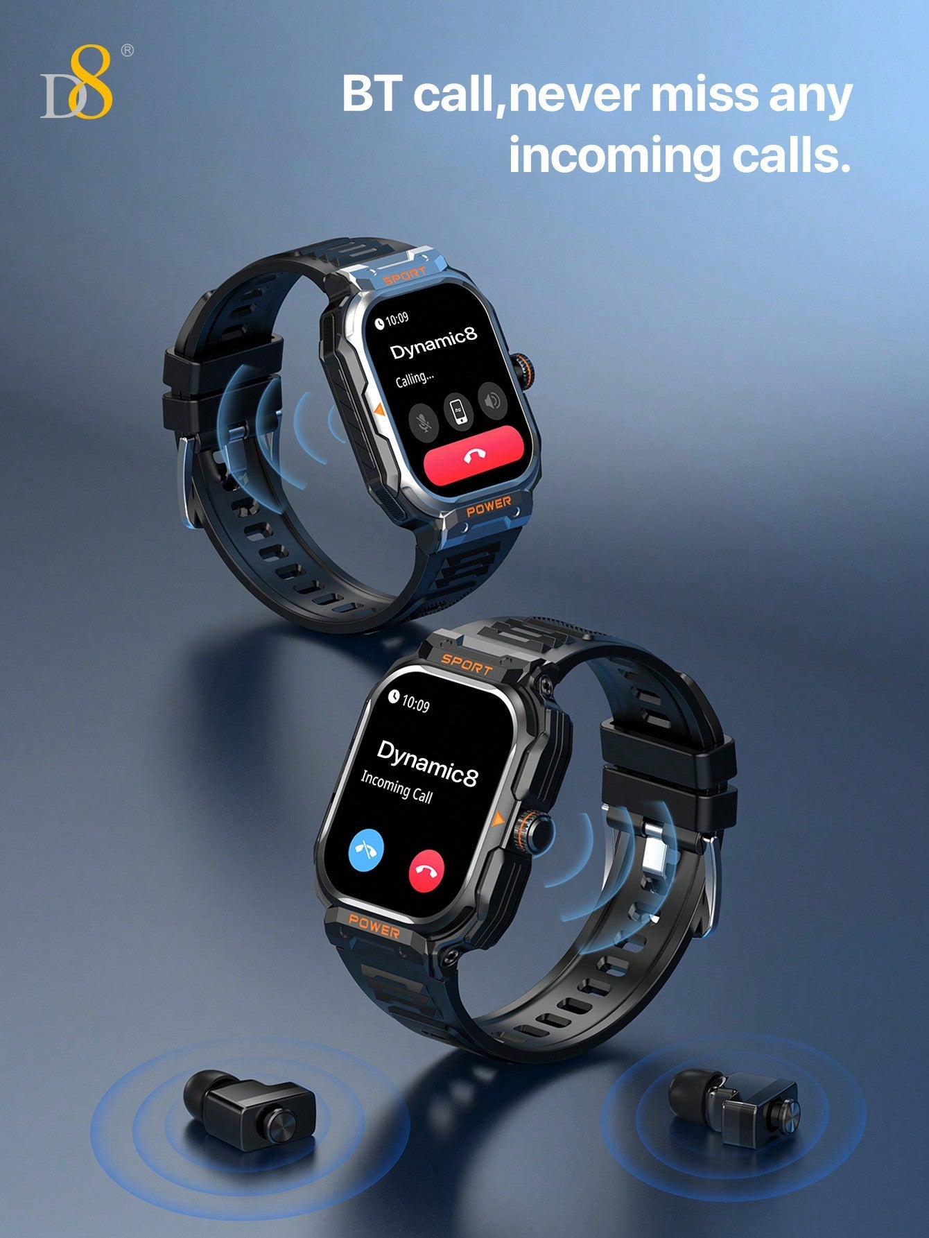 D8 2.01" Tactical Smartwatch with Earbuds, 100+ Sports Modes, Rugged HD