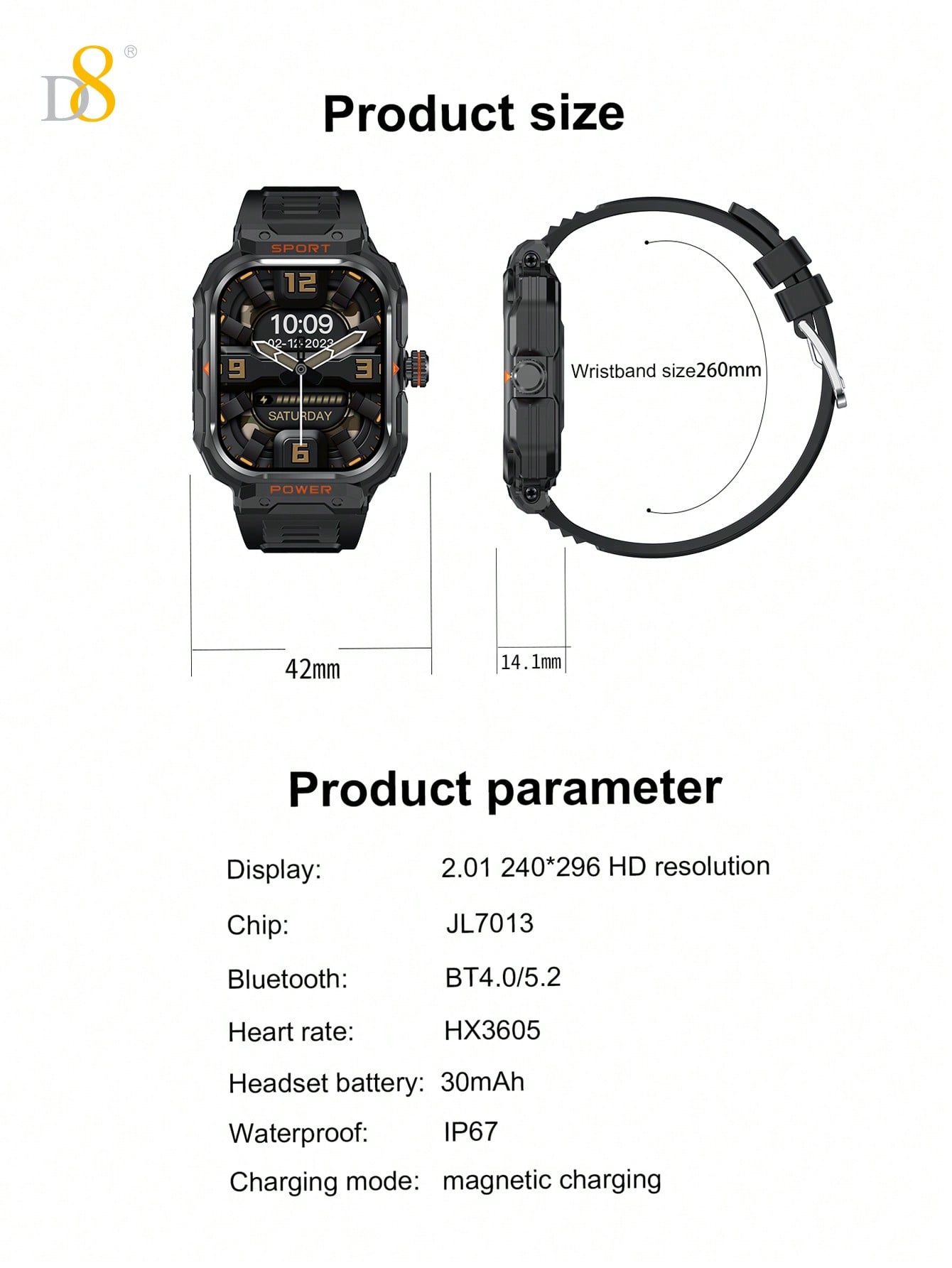 D8 2.01" Tactical Smartwatch with Earbuds, 100+ Sports Modes, Rugged HD